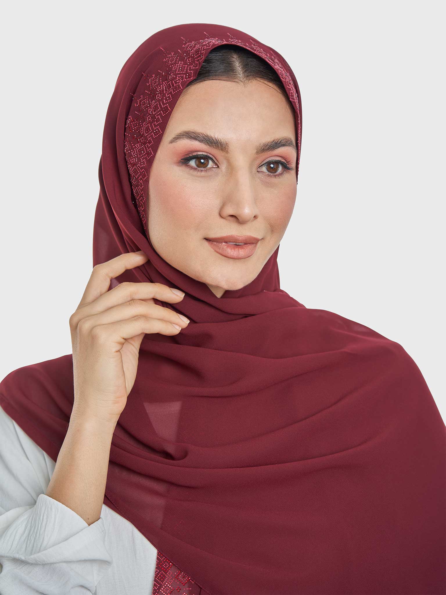 Chiffon Hijab With Geometric Stone Work Border (KP18069L) - Image 30
