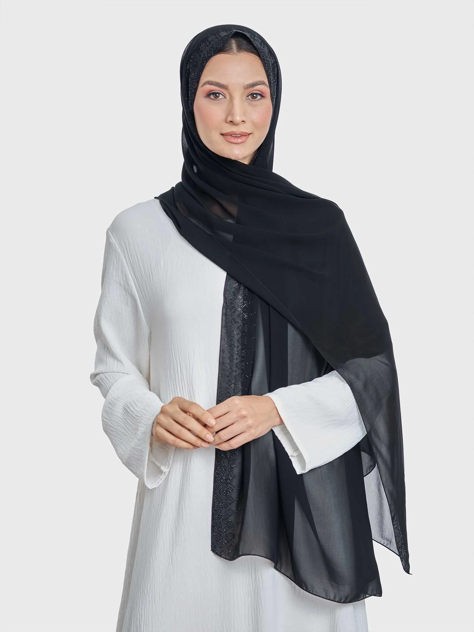 Chiffon Hijab With Geometric Stone Work Border (KP18069L) - Image 7
