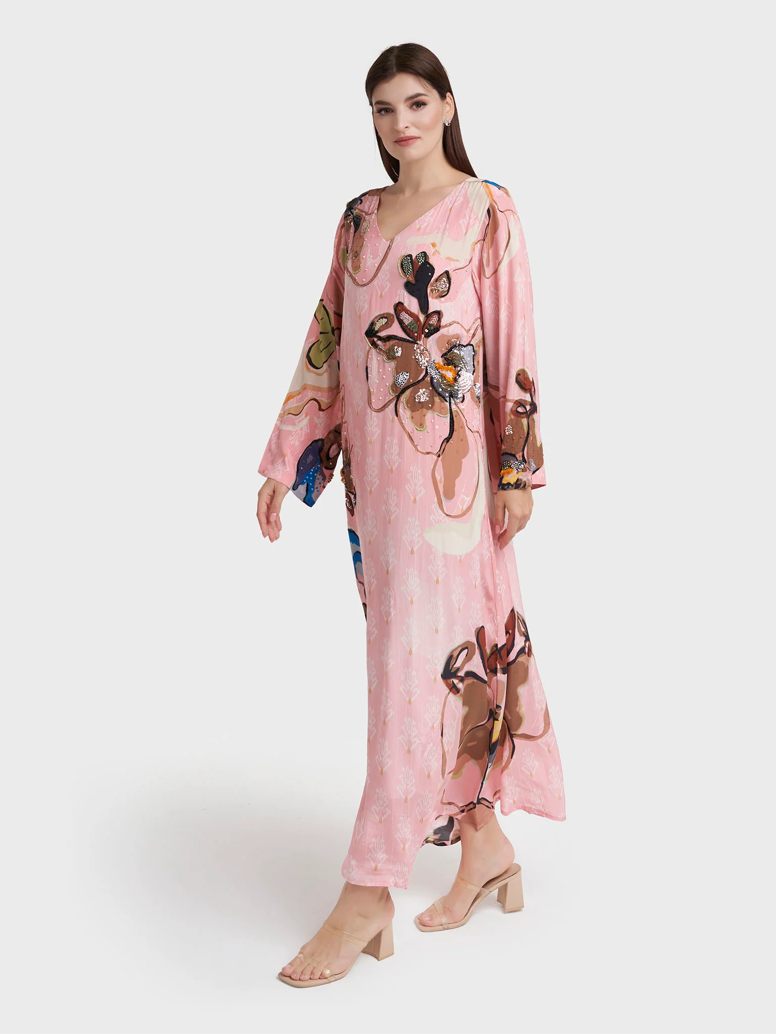 Baby Pink Viscose Crepe Print Handwork Jalabiya(VDK356) - Image 3