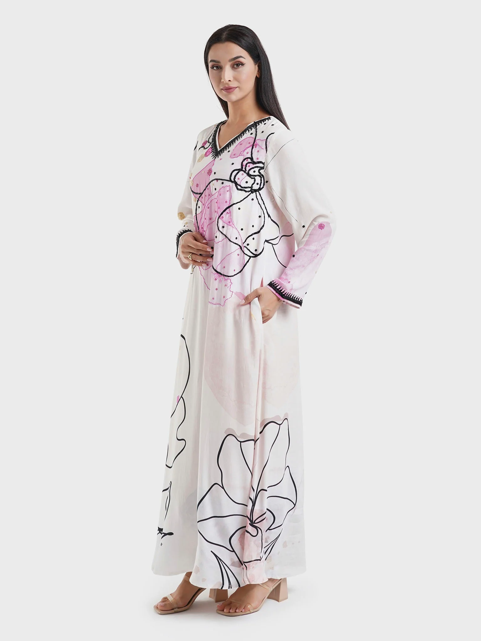 Off White Abstract Print Viscose Beads Work Jalabiya (VDK360) - Image 3