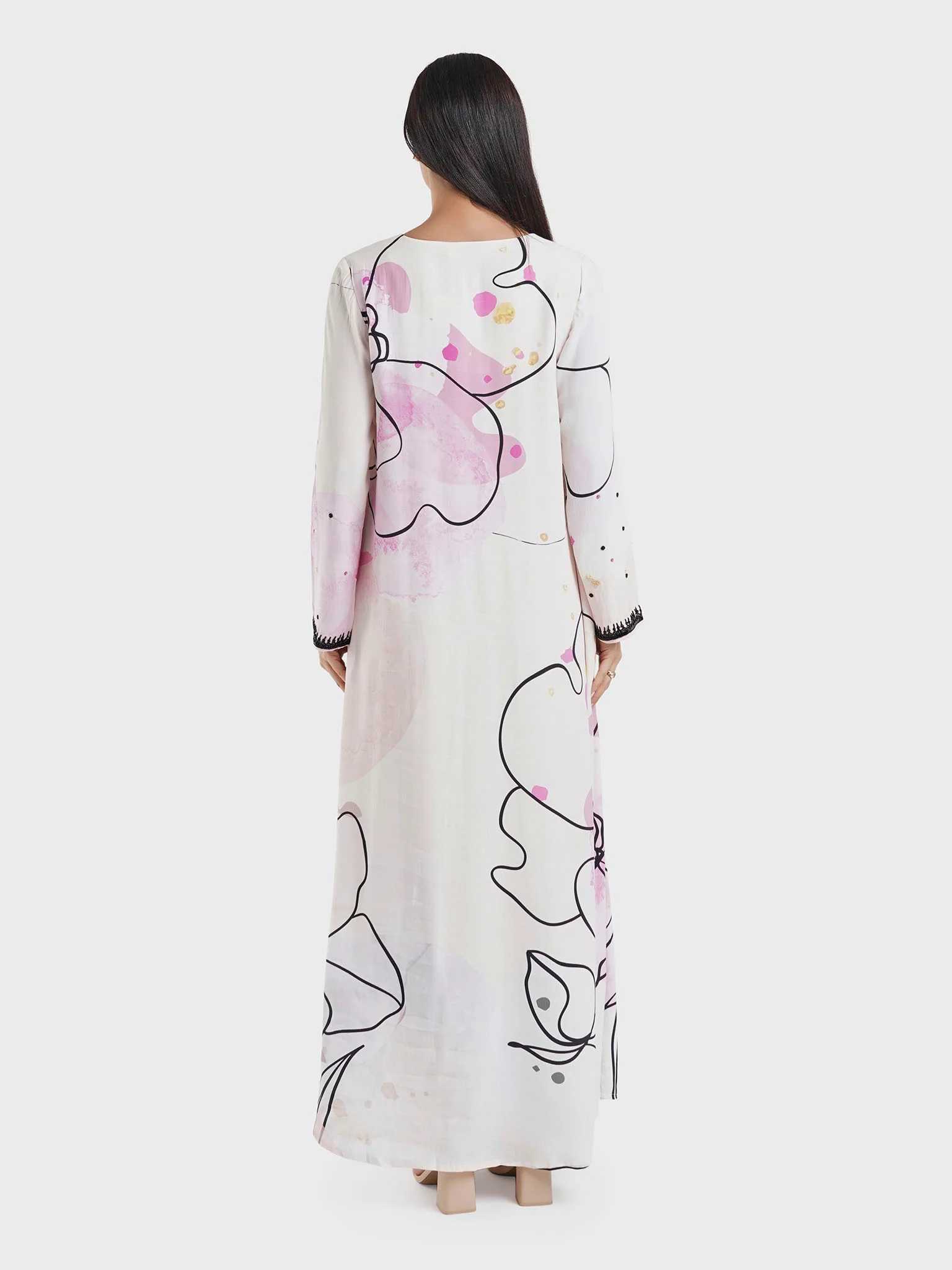 Off White Abstract Print Viscose Beads Work Jalabiya (VDK360) - Image 4