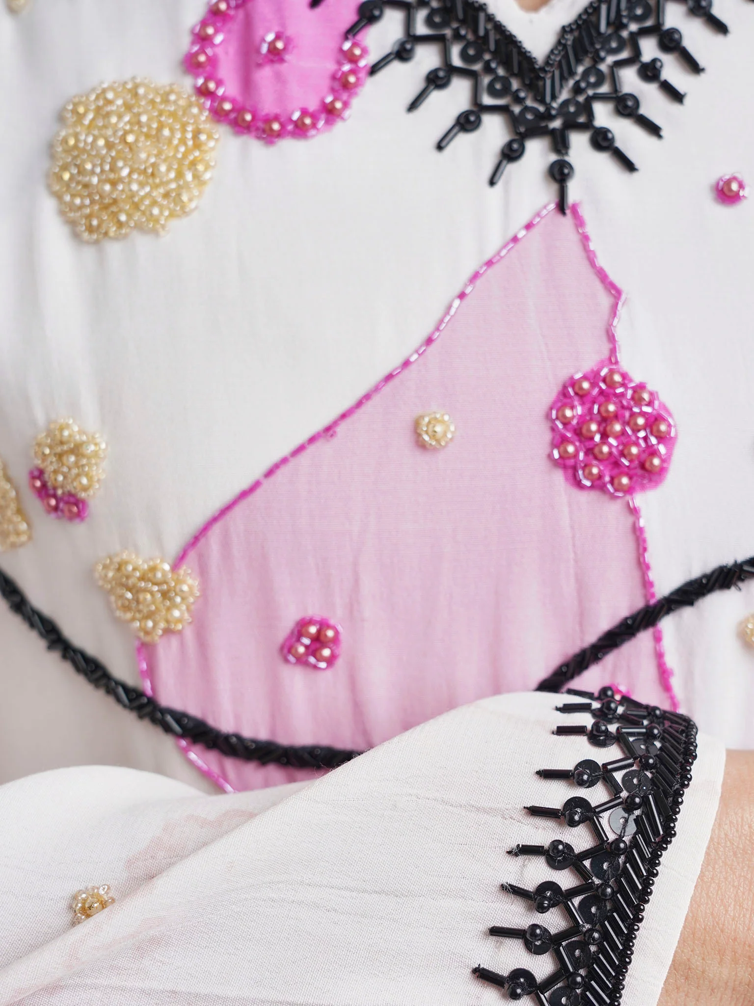 Off White Abstract Print Viscose Beads Work Jalabiya (VDK360) - Image 5