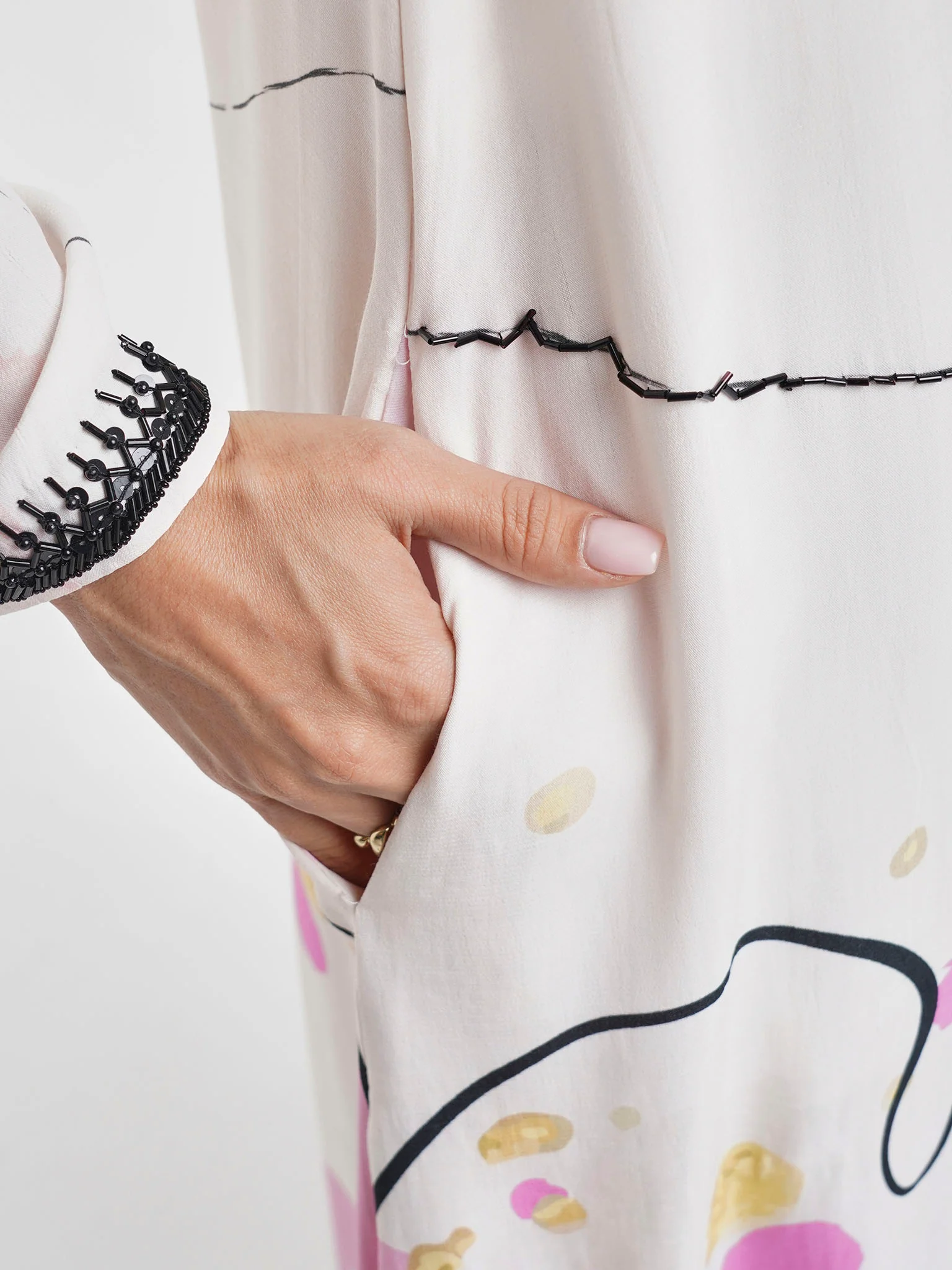 Off White Abstract Print Viscose Beads Work Jalabiya (VDK360) - Image 6