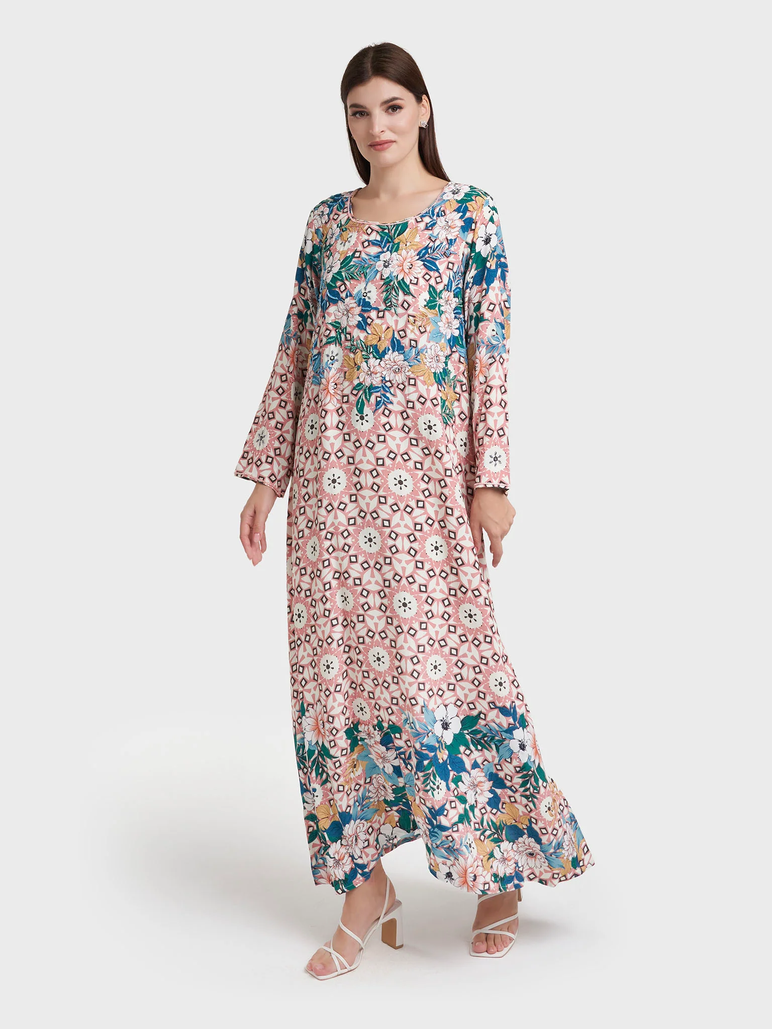 Old Rose Viscose Crepe Geometric Print Jalabiya (VDK363) - Image 3