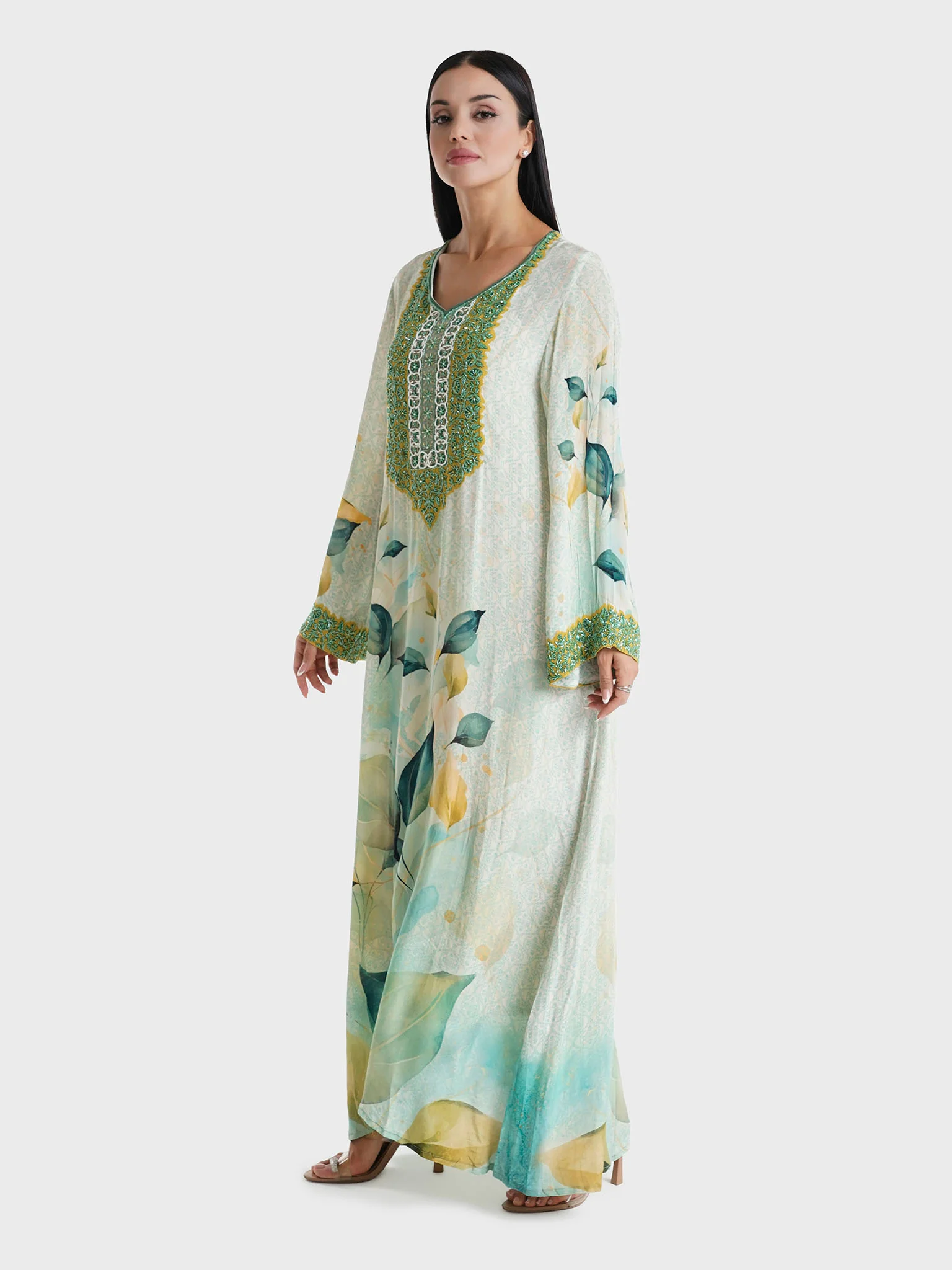 Green Leaf Printed Crepe Jalabiya (VDM705) - Image 3