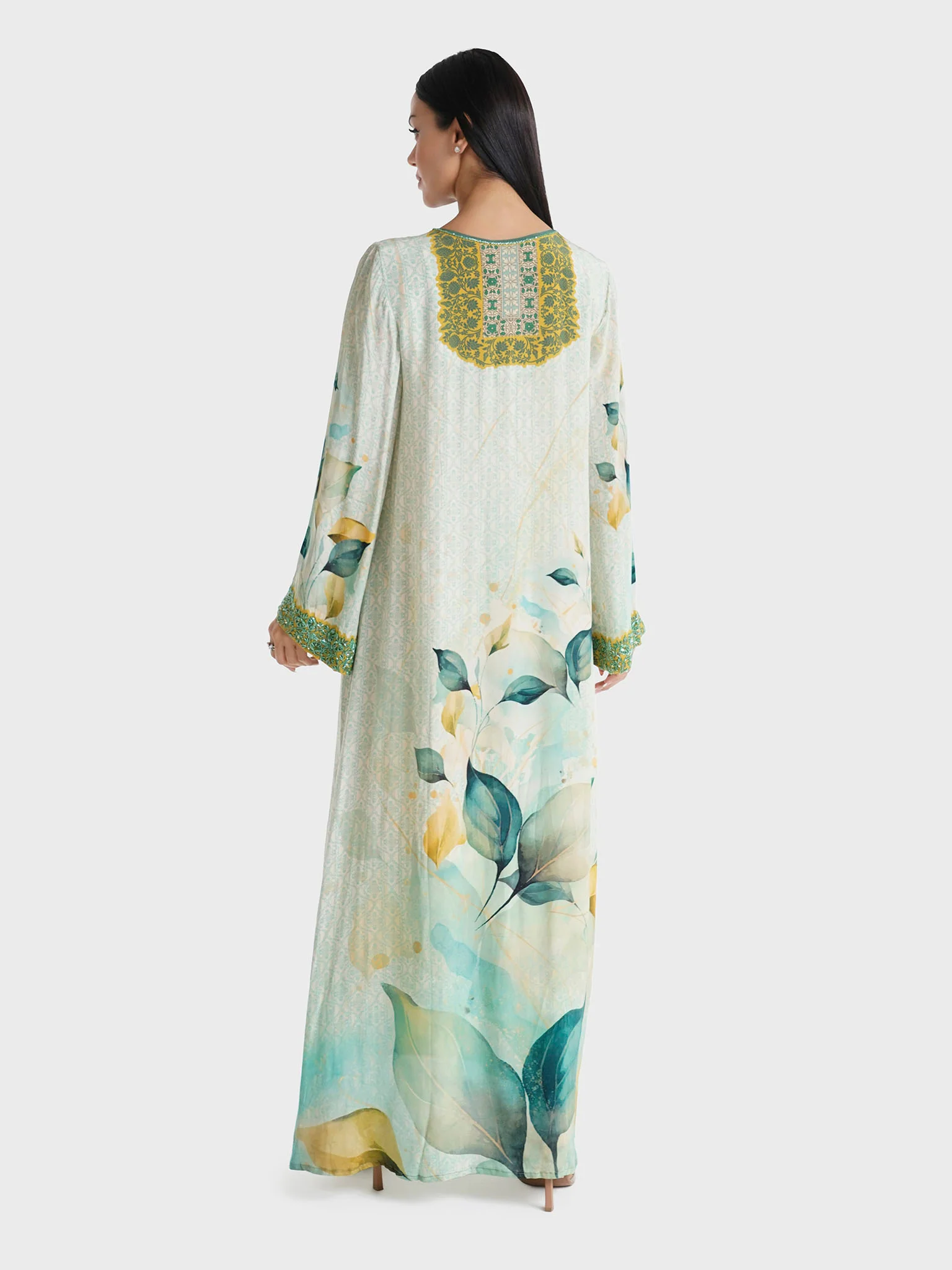 Green Leaf Printed Crepe Jalabiya (VDM705) - Image 4