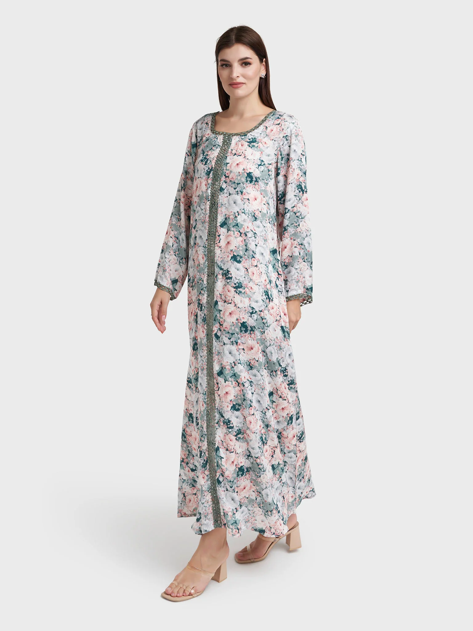 Dark Green Modal Satin Floral Print Jalabiya (VDP112A) - Image 3