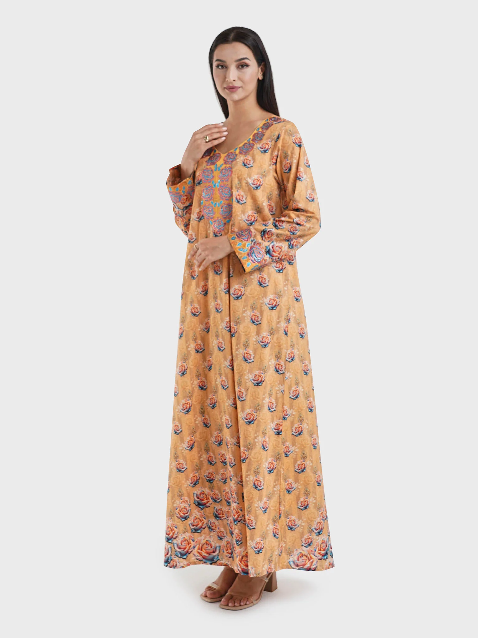 Brown Cotton Floral Print Embroiderd Jalabiya (VG2893) - Image 4