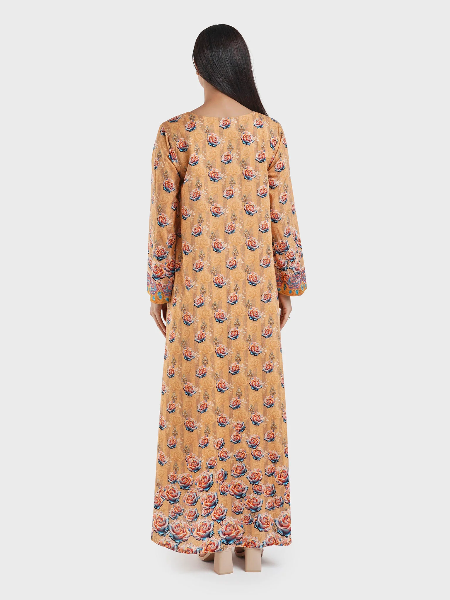 Brown Cotton Floral Print Embroiderd Jalabiya (VG2893) - Image 5