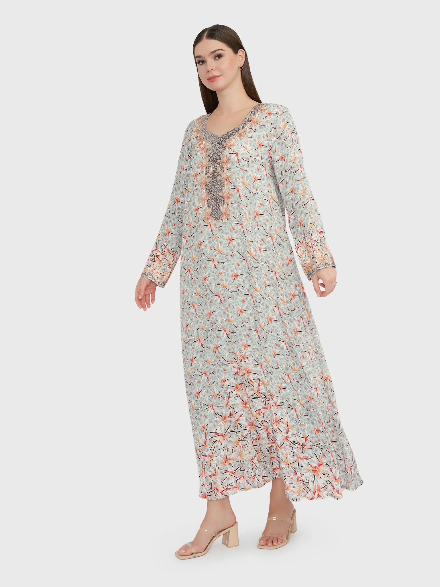 Grey Floral Print Jalabiya with Stonework (VG2894) - Image 3