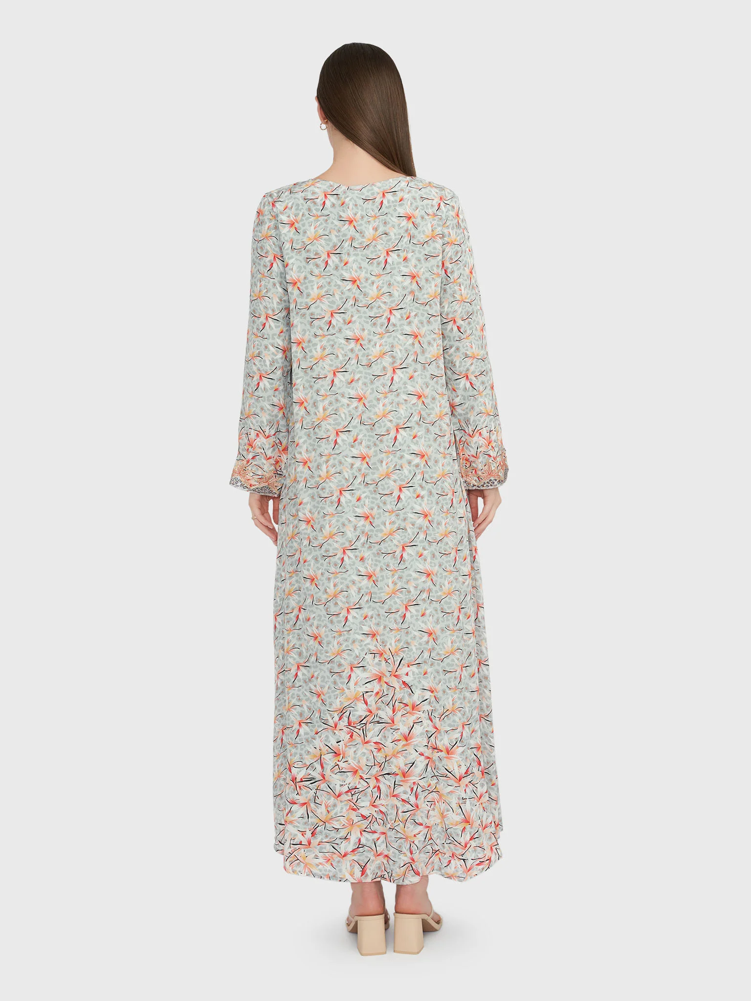 Grey Floral Print Jalabiya with Stonework (VG2894) - Image 4