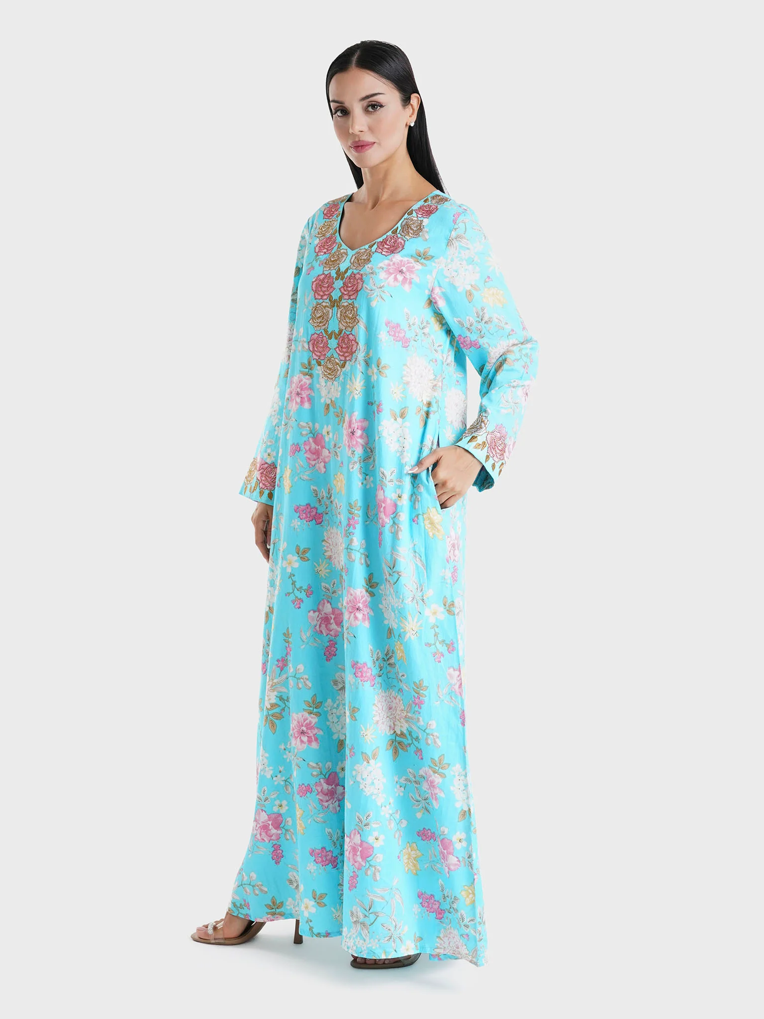 Turquoise Floral Printed Cotton Satin Stone Work Jalabiya (VG3013) - Image 3