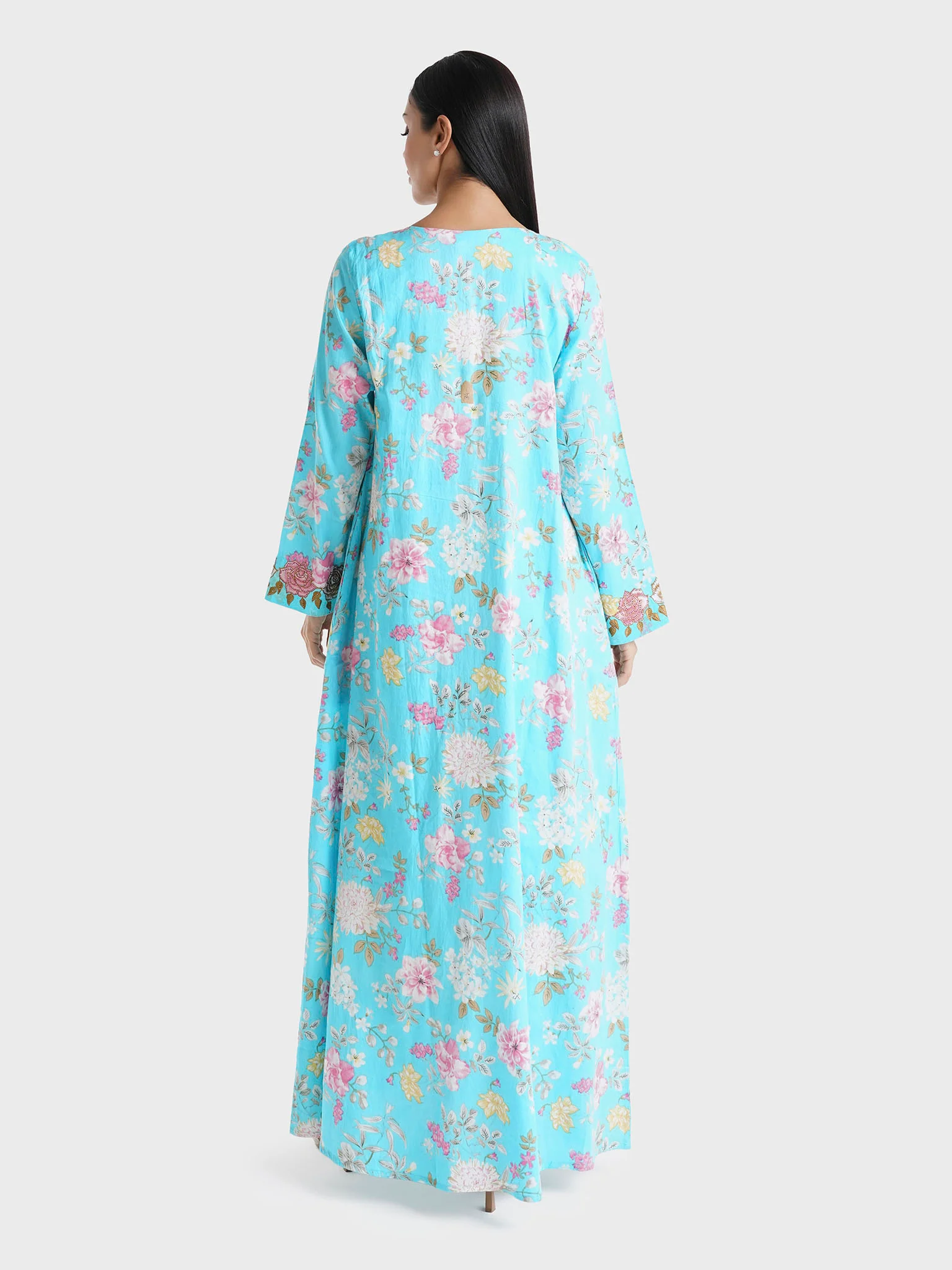 Turquoise Floral Printed Cotton Satin Stone Work Jalabiya (VG3013) - Image 4