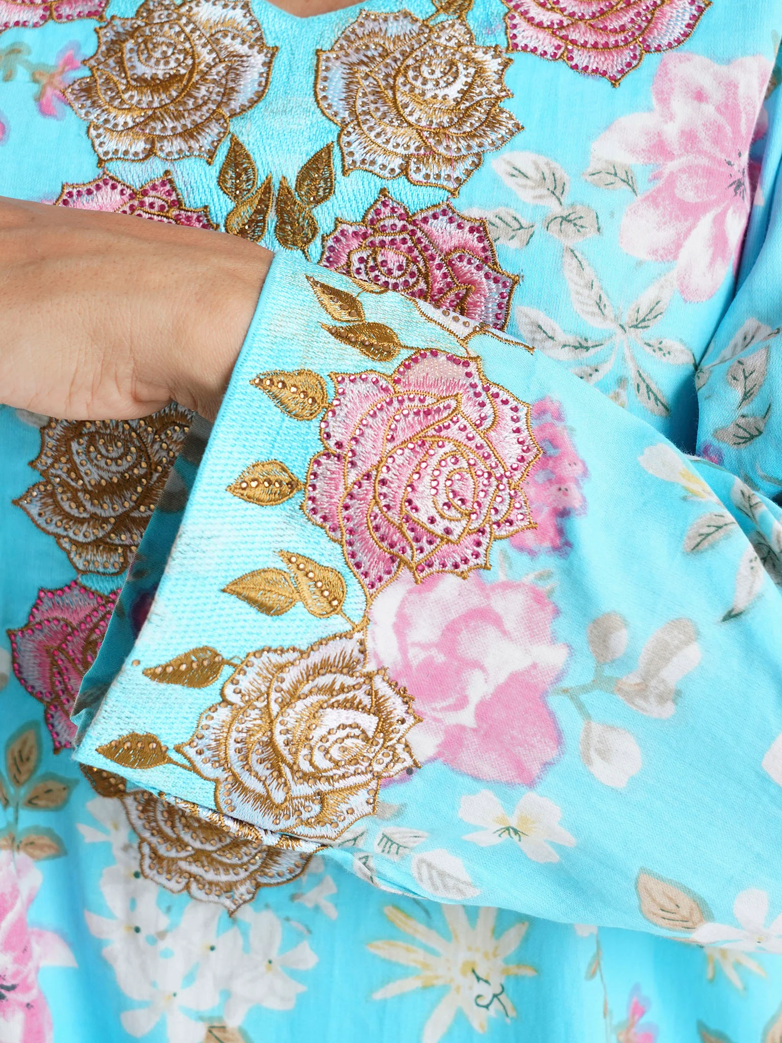 Turquoise Floral Printed Cotton Satin Stone Work Jalabiya (VG3013) - Image 5