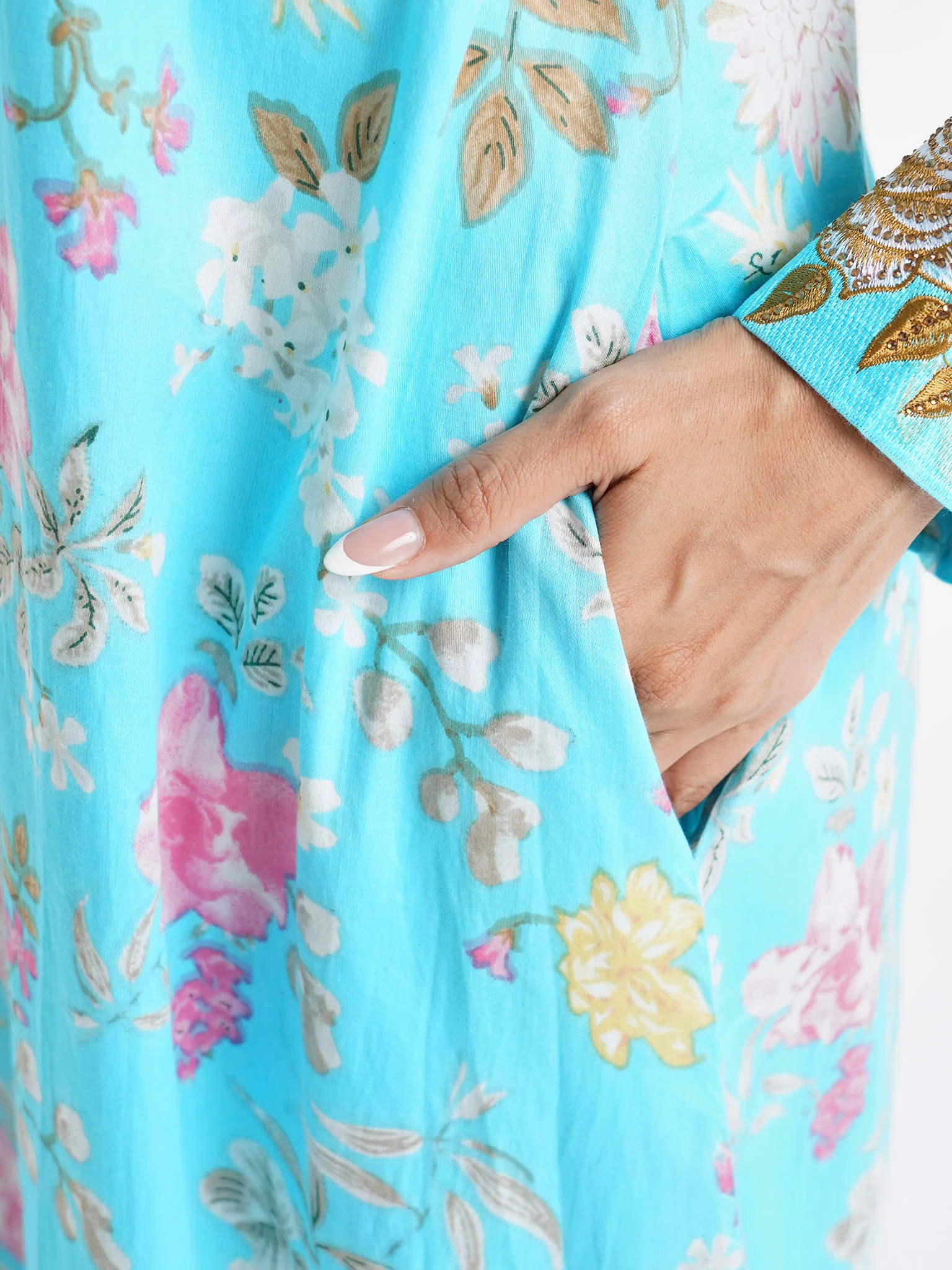 Turquoise Floral Printed Cotton Satin Stone Work Jalabiya (VG3013) - Image 6