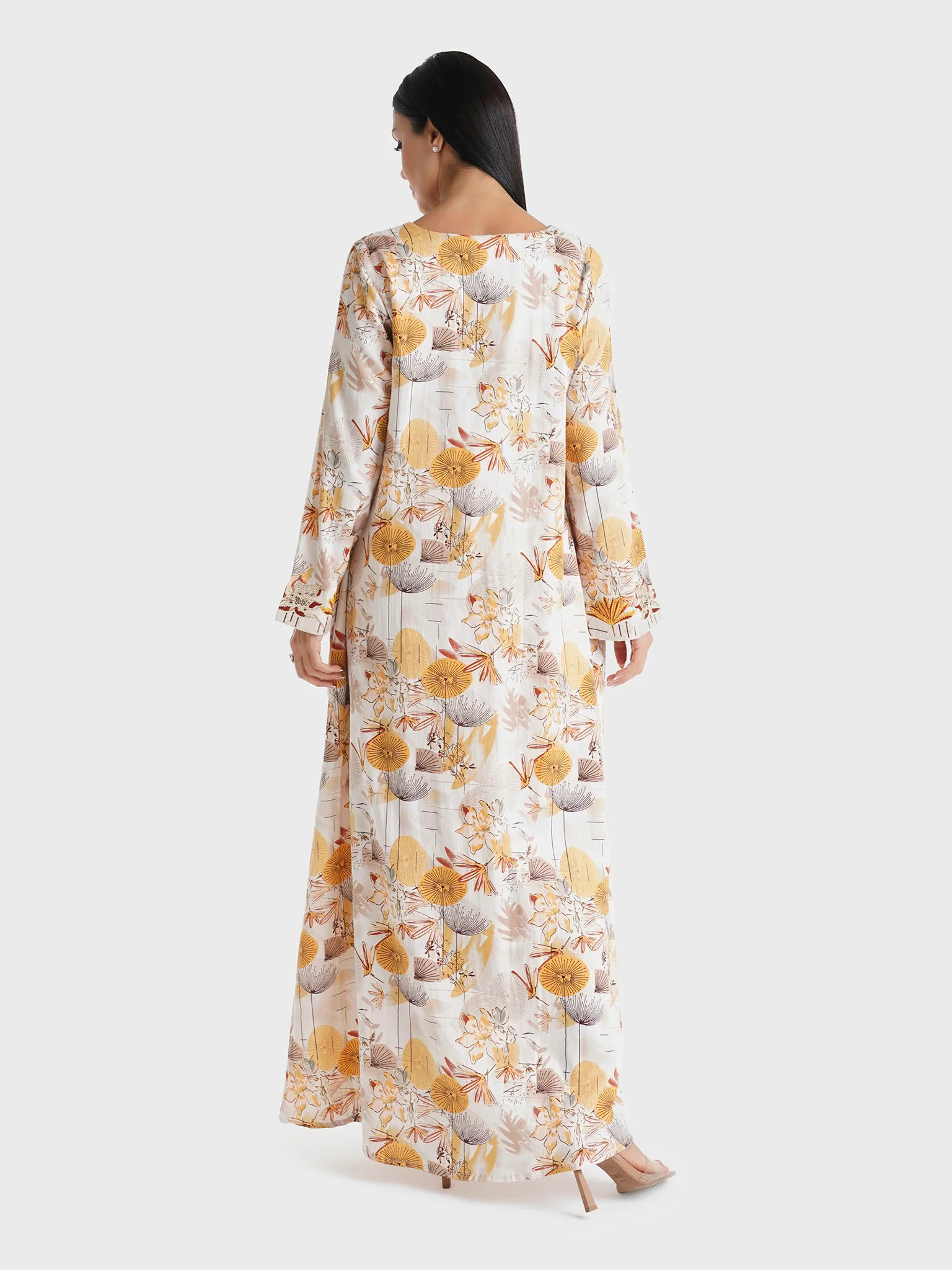 Mustard Floral Printed Cotton Satin Stone Work Jalabiya (VG3020) - Image 4