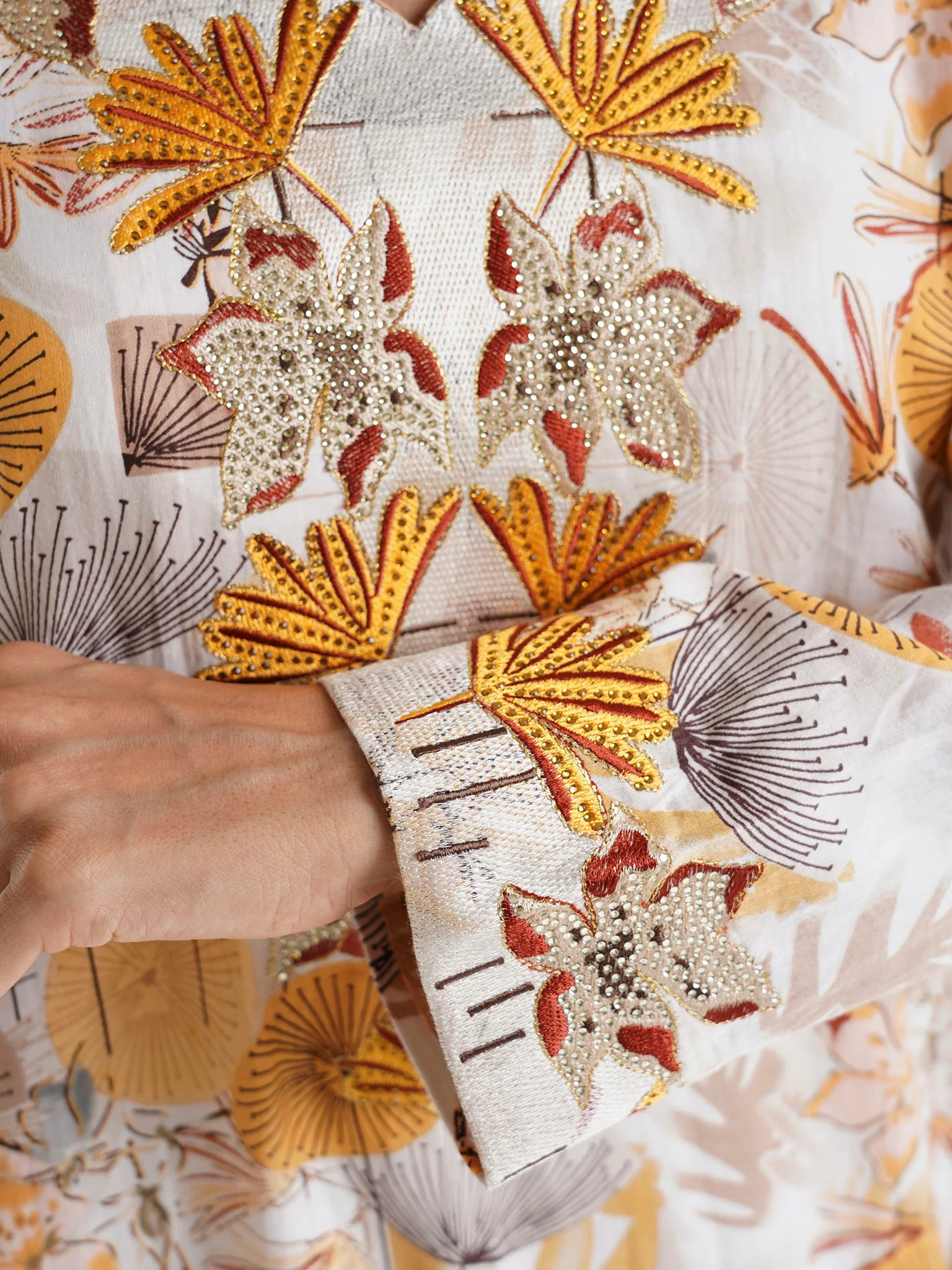 Mustard Floral Printed Cotton Satin Stone Work Jalabiya (VG3020) - Image 5