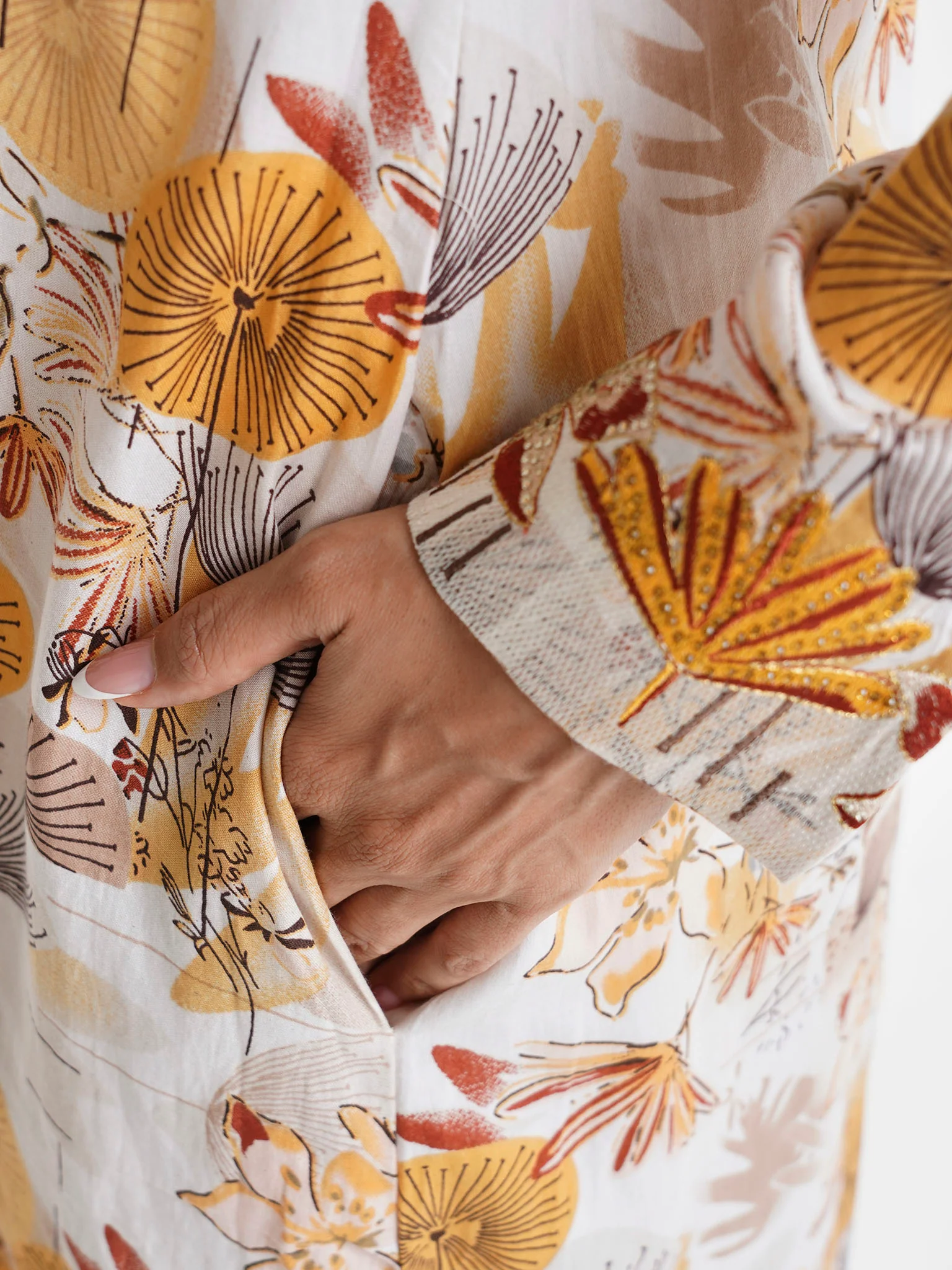 Mustard Floral Printed Cotton Satin Stone Work Jalabiya (VG3020) - Image 6