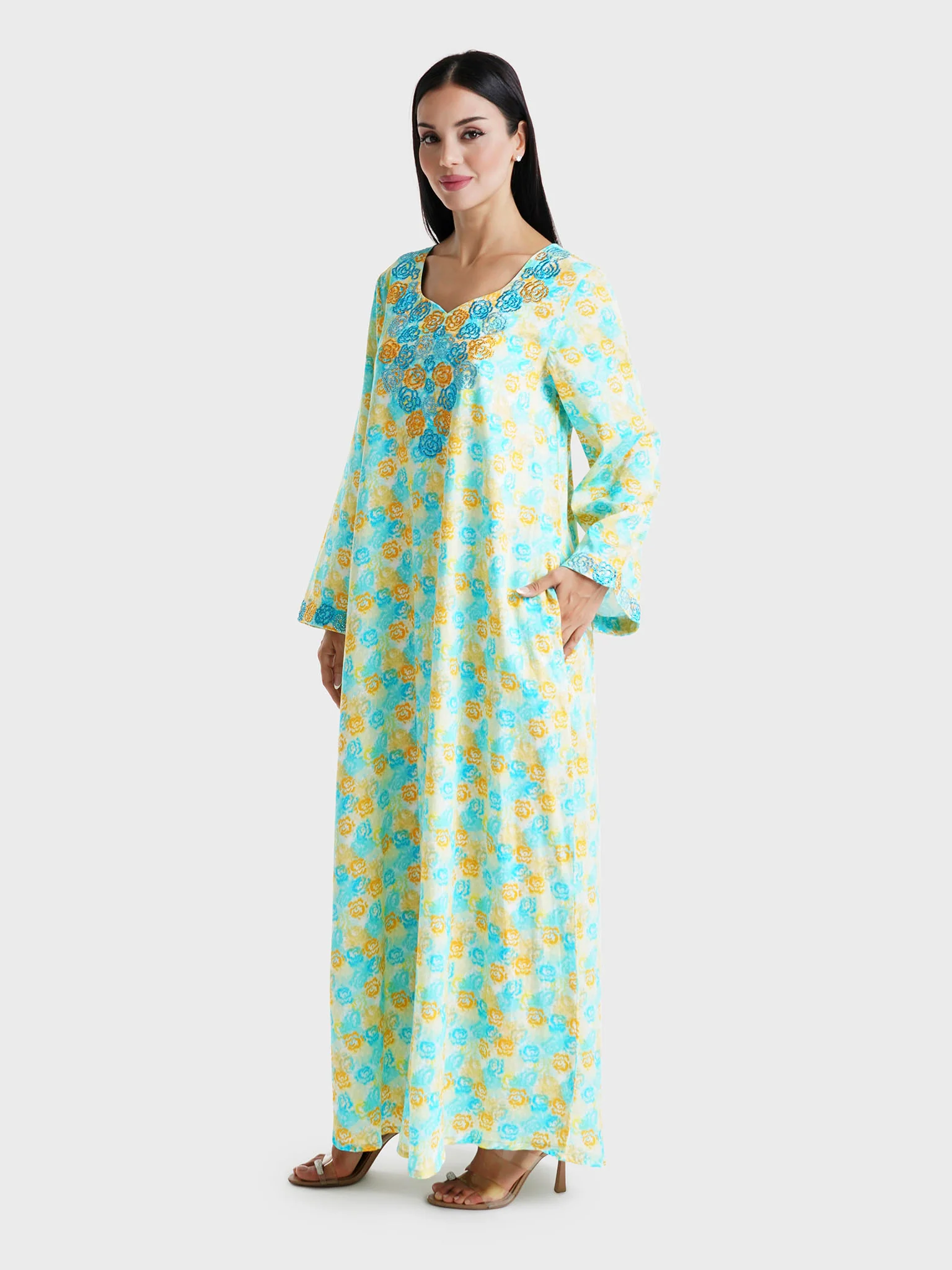 Yellow Floral Printed Cotton Satin Home Wear Jalabiya (VG3043) - Image 3
