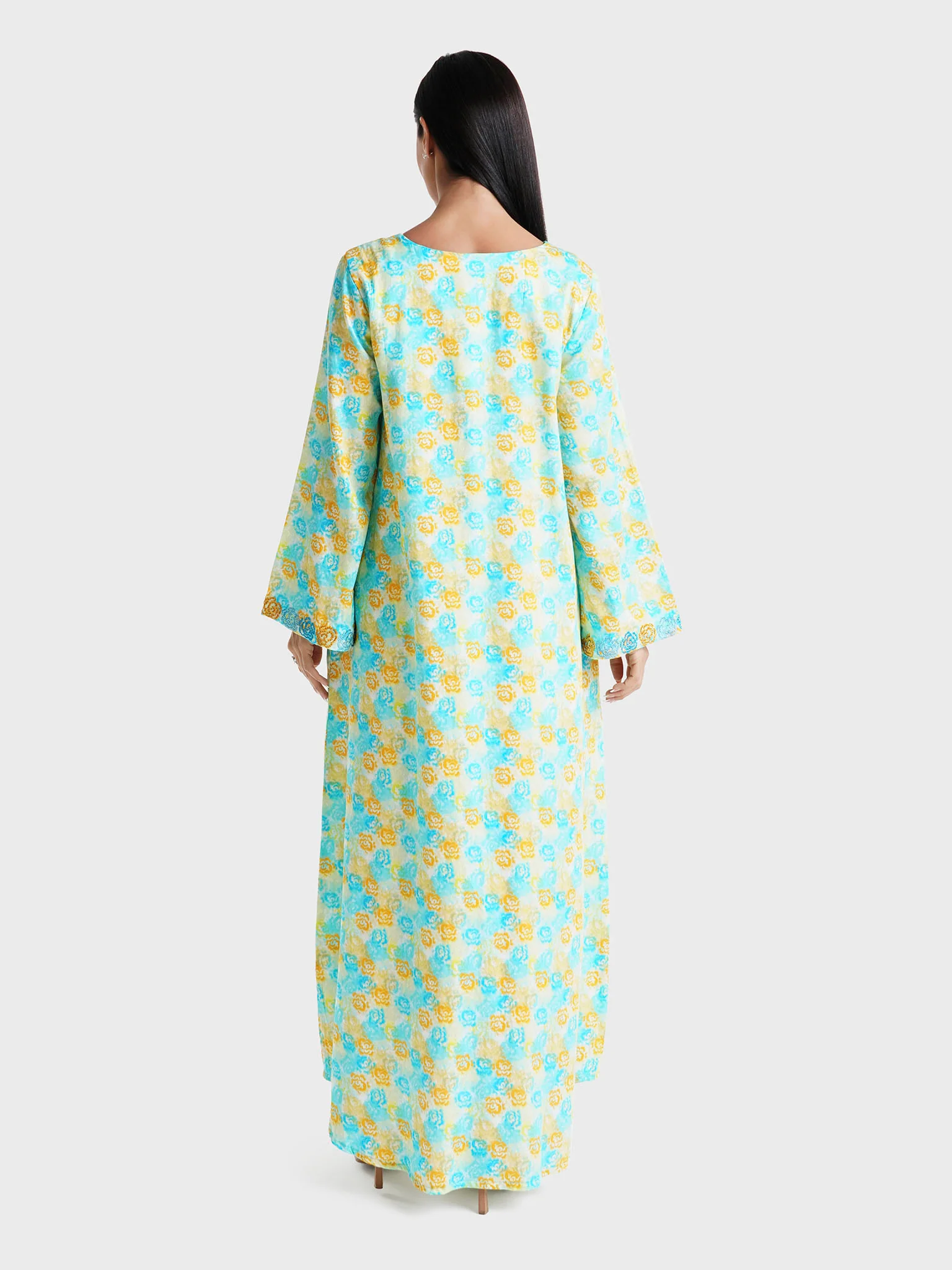 Yellow Floral Printed Cotton Satin Home Wear Jalabiya (VG3043) - Image 4