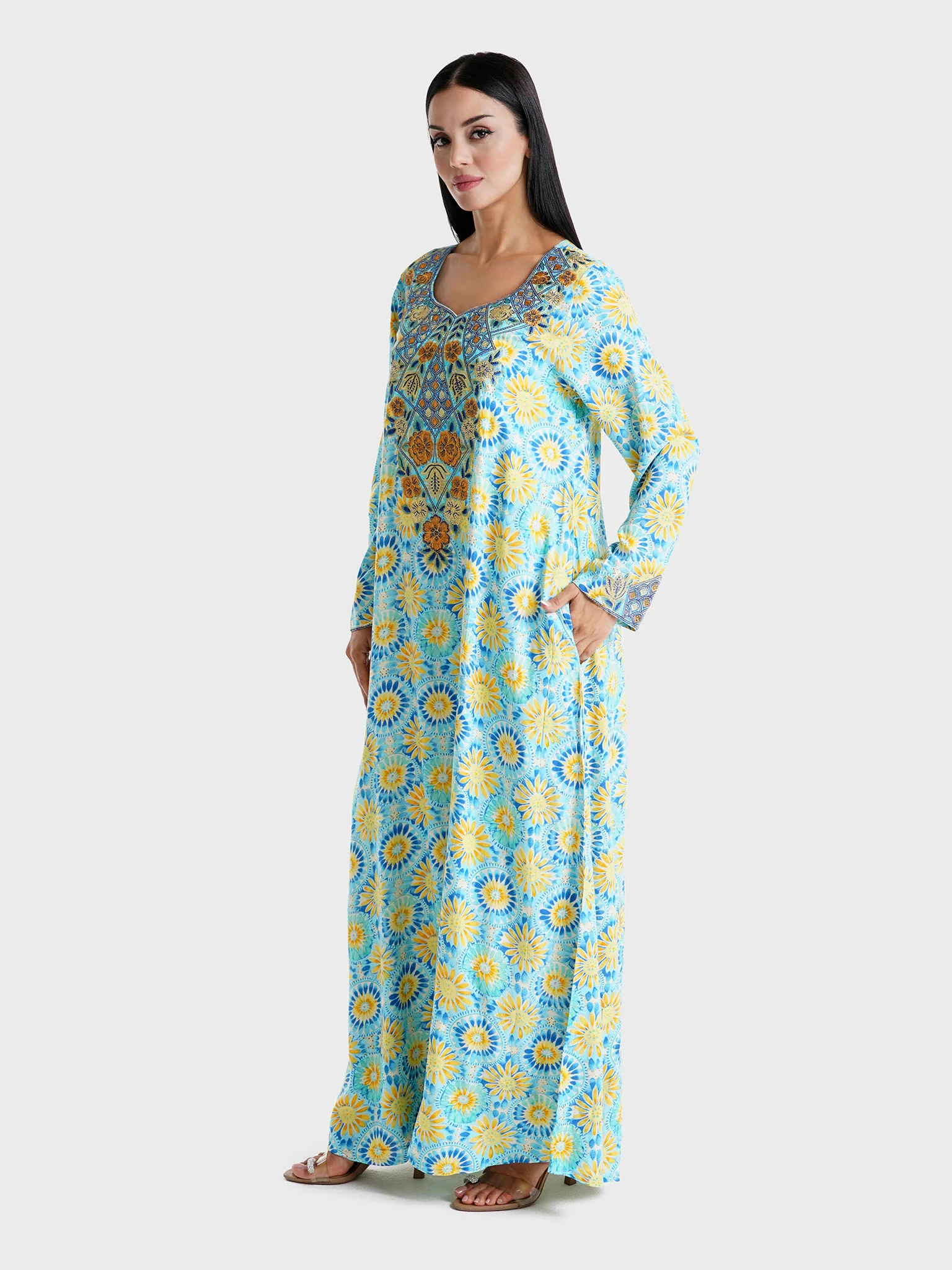 Blue Floral Printed Rayon Stone Work Jalabiya (VSG193) - Image 3