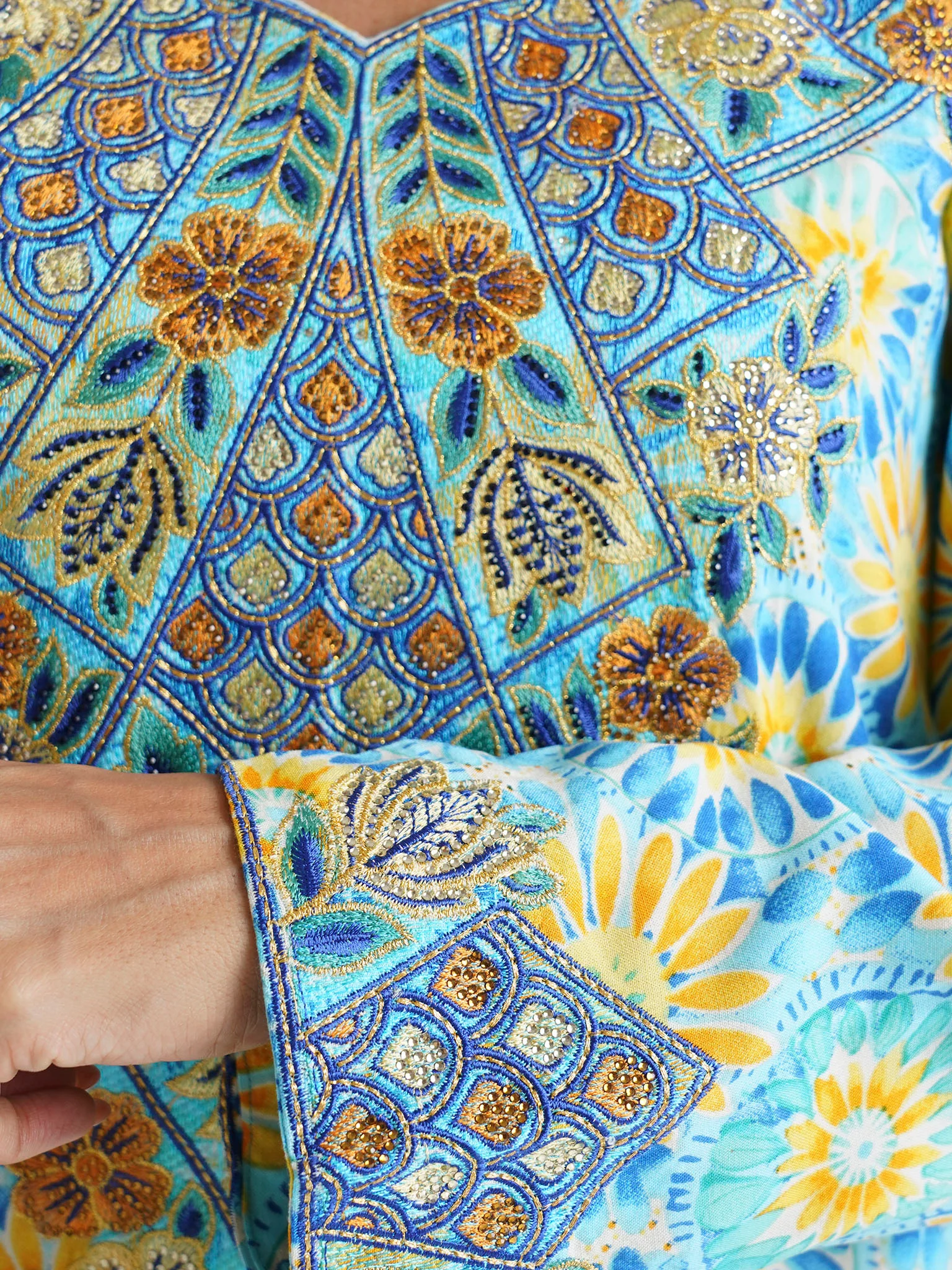 Blue Floral Printed Rayon Stone Work Jalabiya (VSG193) - Image 5