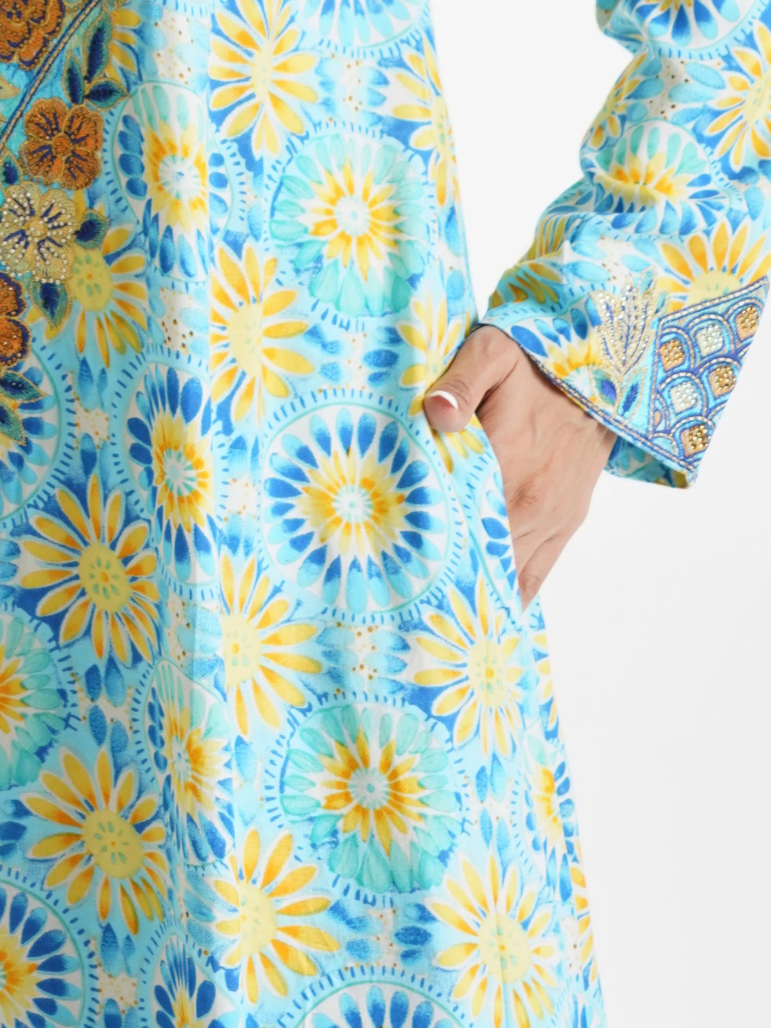 Blue Floral Printed Rayon Stone Work Jalabiya (VSG193) - Image 6