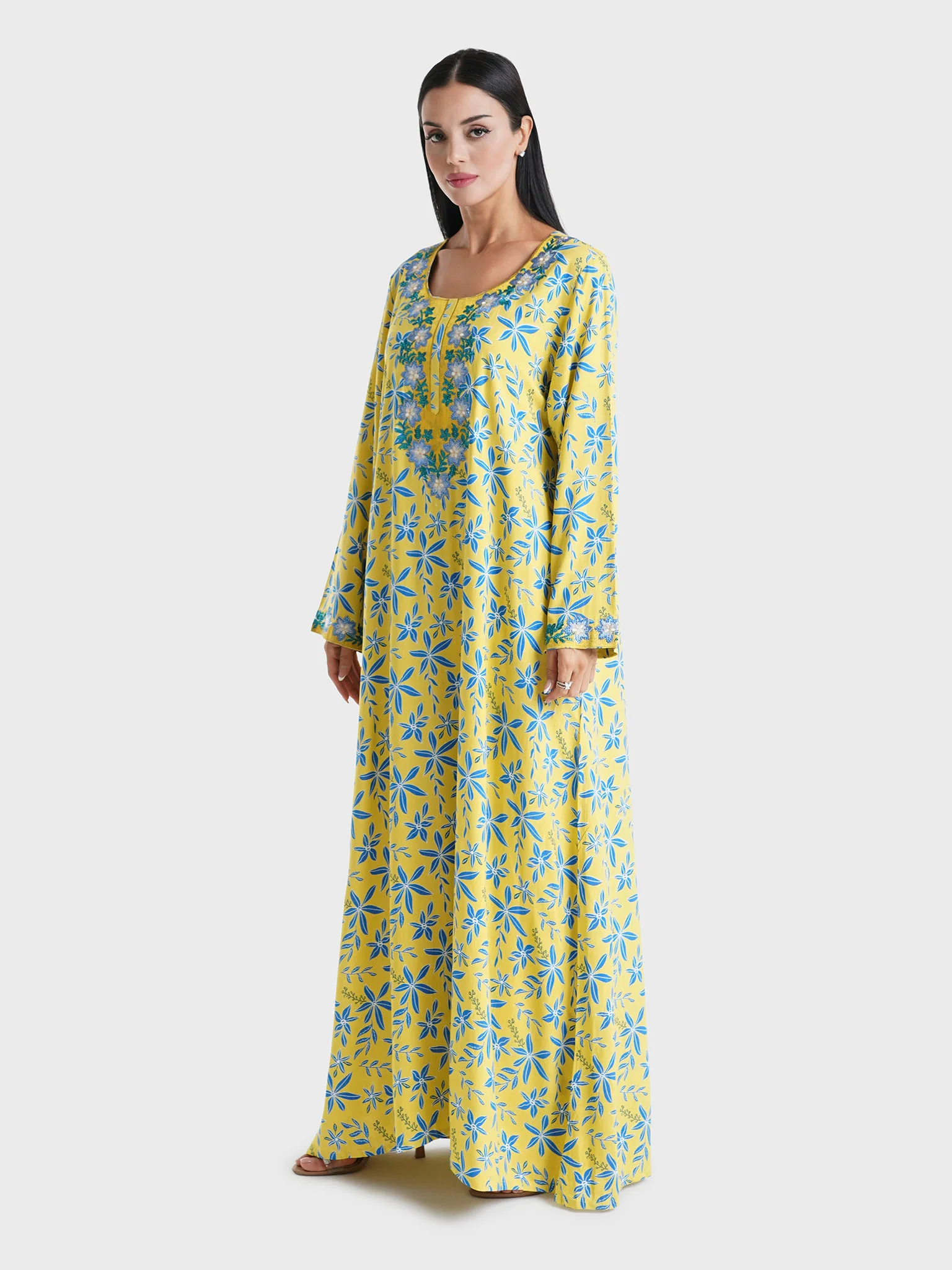 Yellow Floral Printed Rayon Stone Work Jalabiya (VSG221) - Image 3