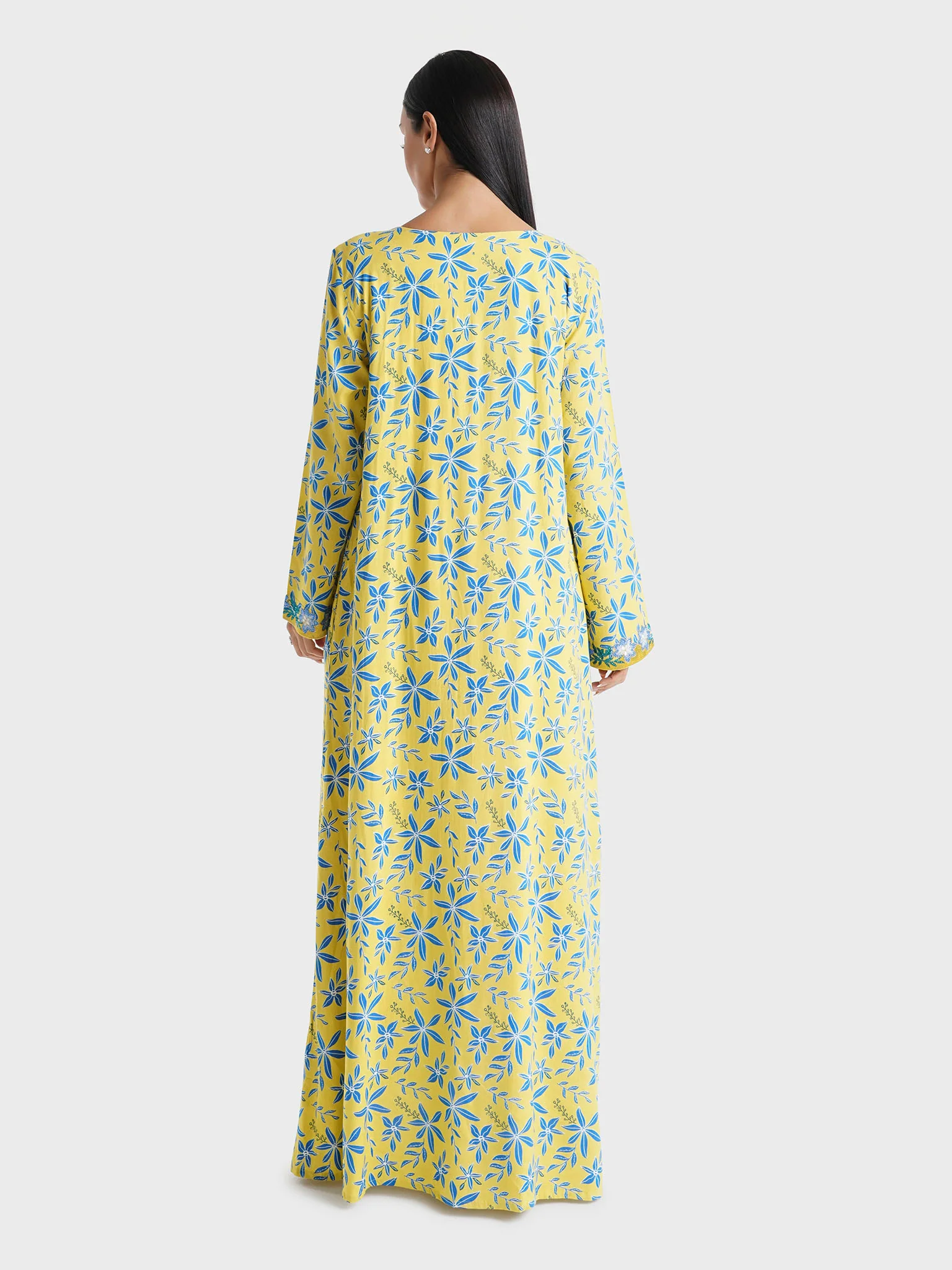 Yellow Floral Printed Rayon Stone Work Jalabiya (VSG221) - Image 4