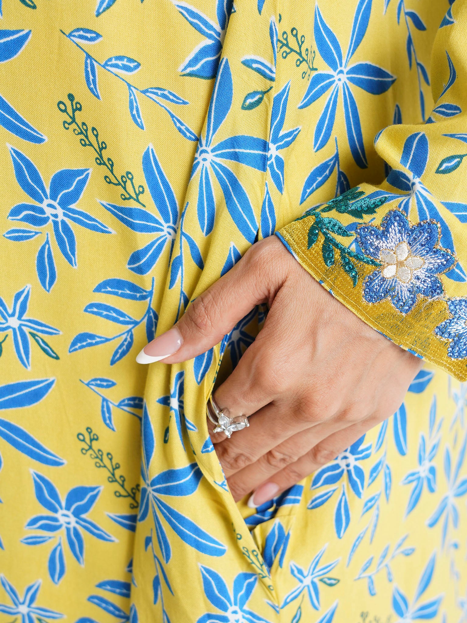 Yellow Floral Printed Rayon Stone Work Jalabiya (VSG221) - Image 6