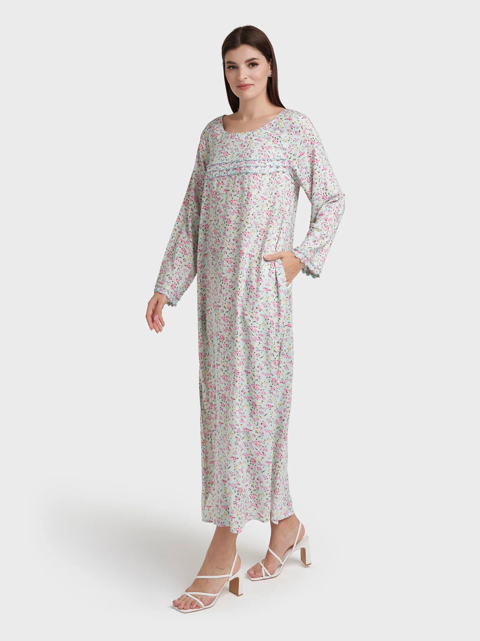 Powder Blue Rayon Floral Print Jalabiya (VSG333) - Image 4