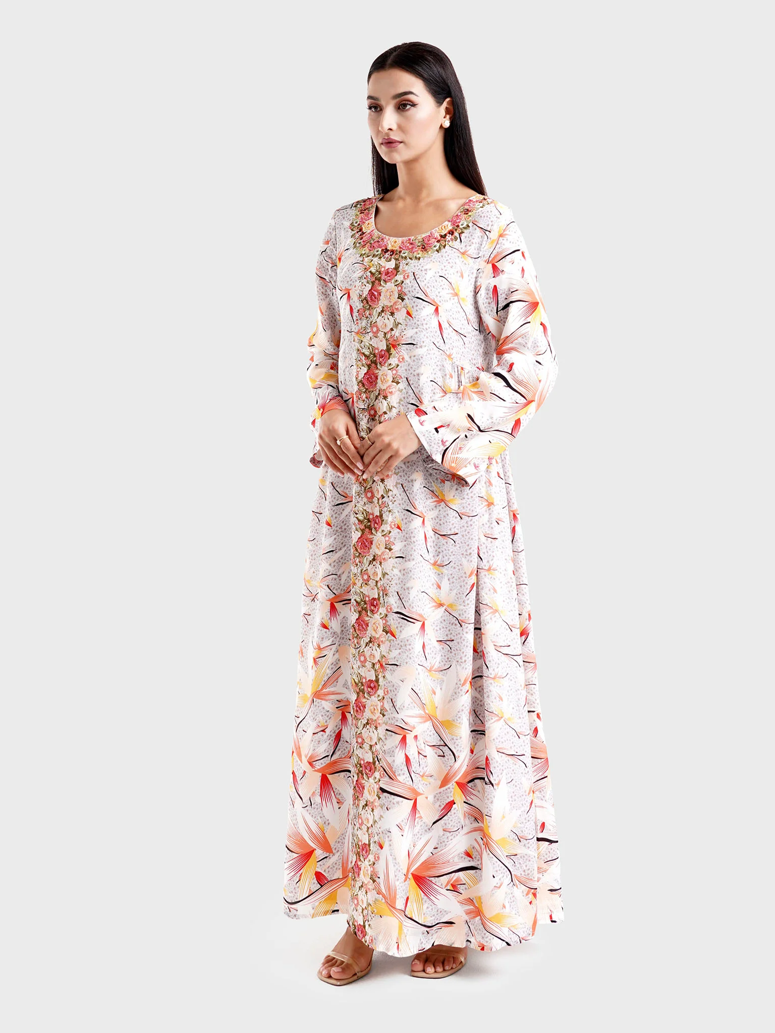 Grey Floral and Animal Print Jalabiya with Beads Work (VDE388) - Image 3