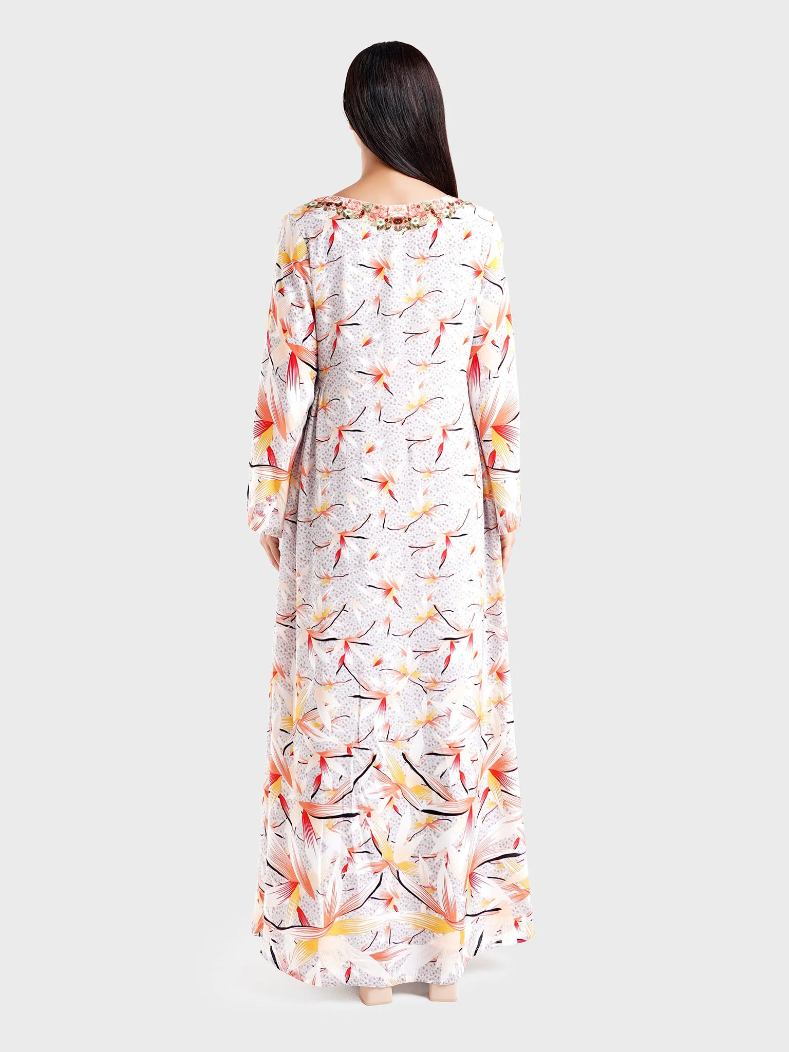 Grey Floral and Animal Print Jalabiya with Beads Work (VDE388) - Image 4