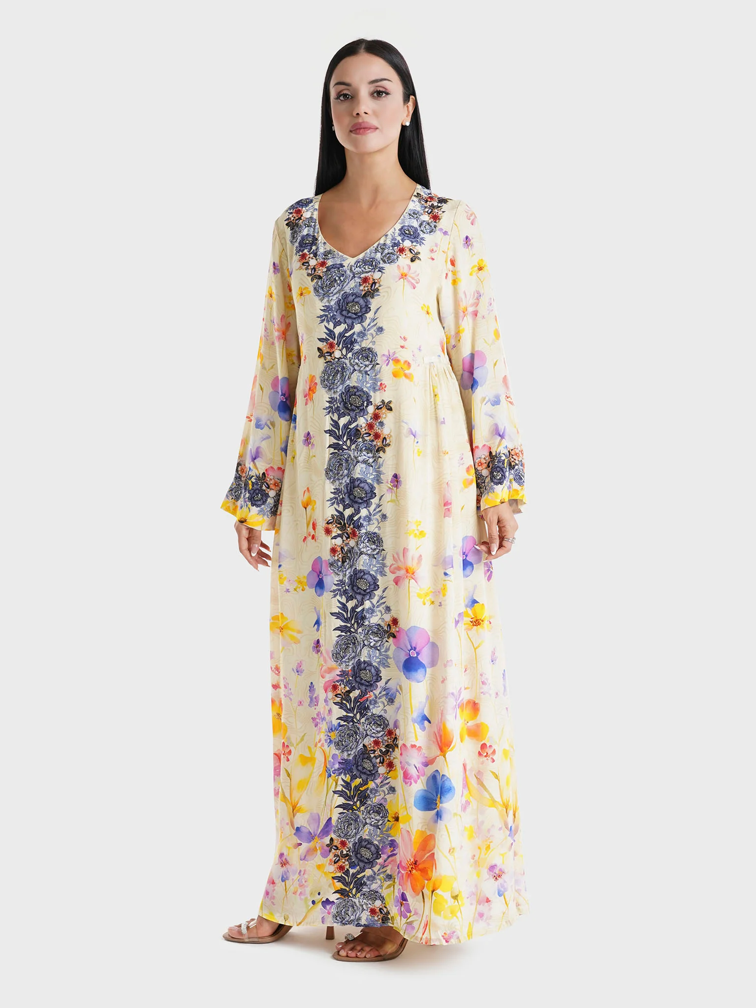 Cream Floral Printed Viscose Crepe Hand Work Kuwaiti Jalabiya (VDU846) - Image 3