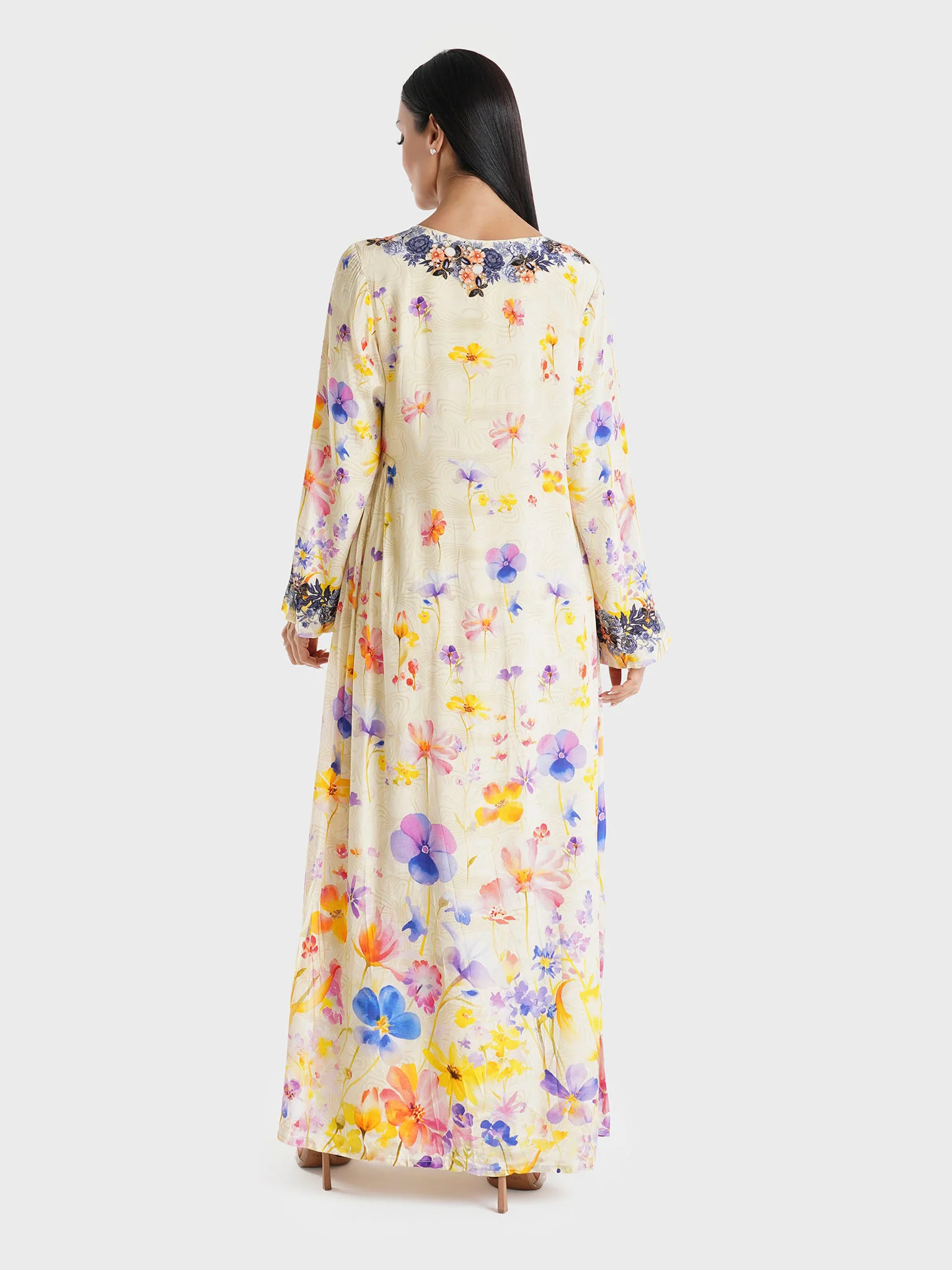 Cream Floral Printed Viscose Crepe Hand Work Kuwaiti Jalabiya (VDU846) - Image 4