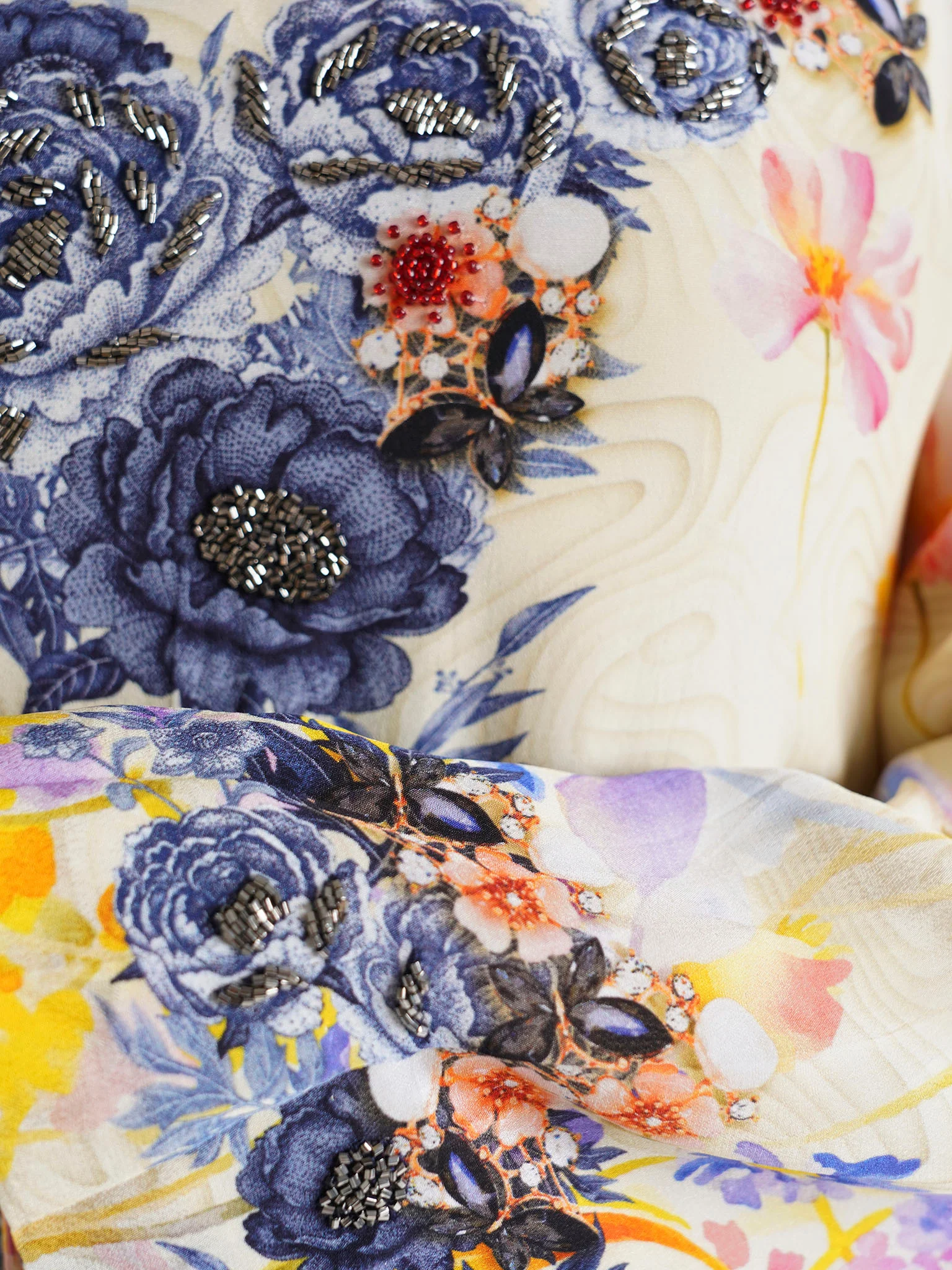 Cream Floral Printed Viscose Crepe Hand Work Kuwaiti Jalabiya (VDU846) - Image 5