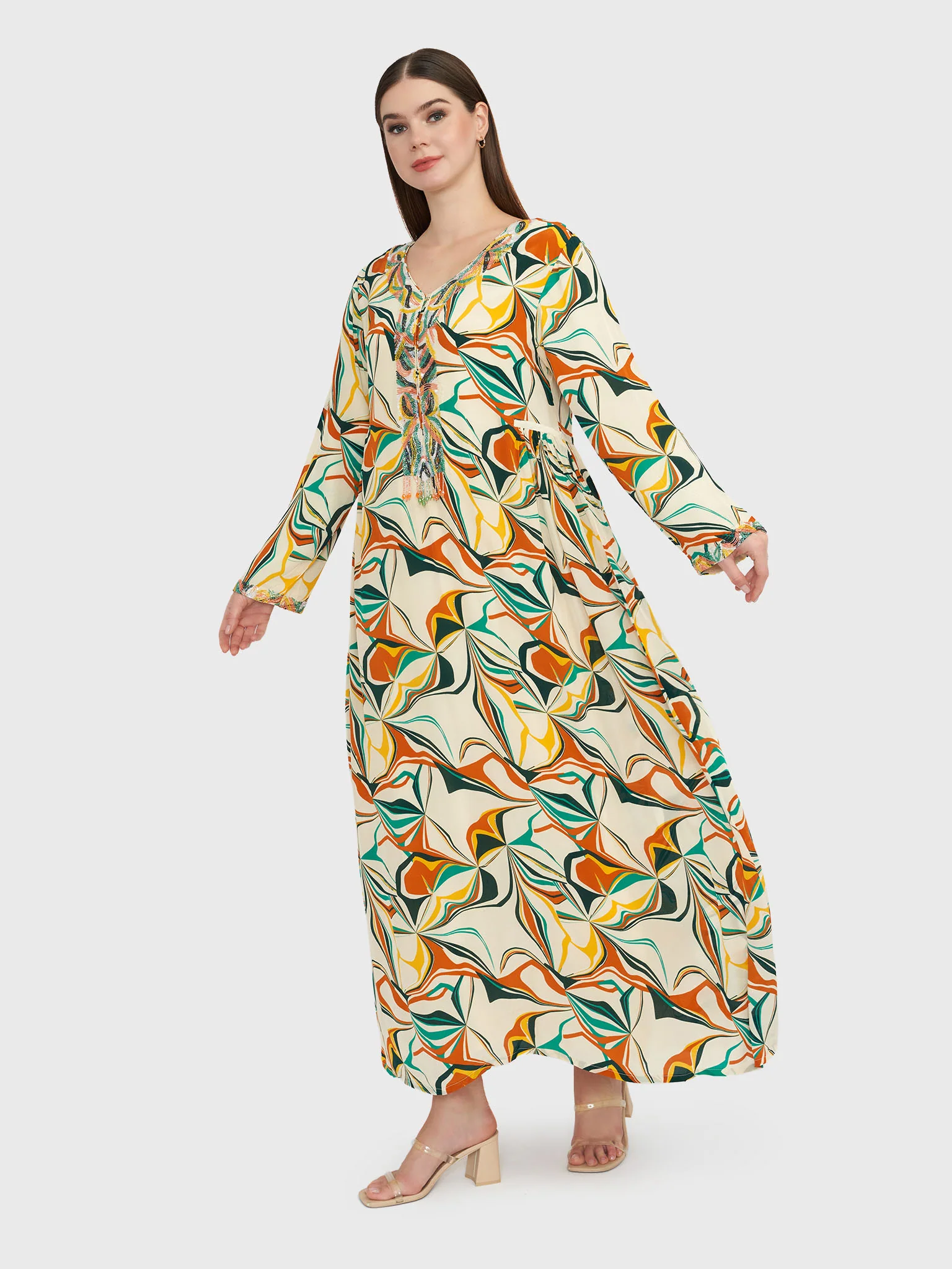 Violet Abstract Print Viscose Crepe Beadswork Jalabiya (VG2386) - Image 3