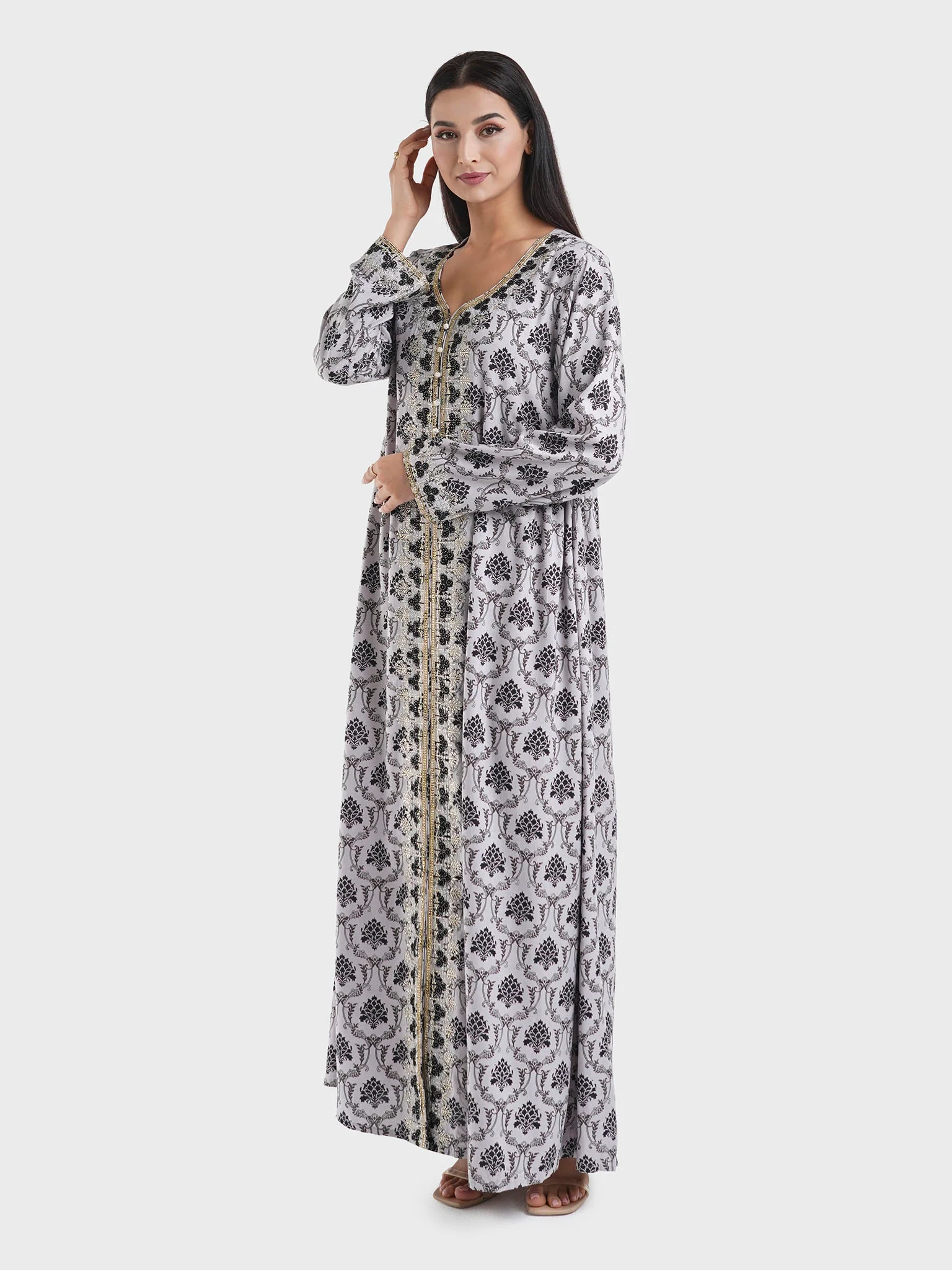 Grey Motif Print Dress with Stone Work (VG2408) - Image 3