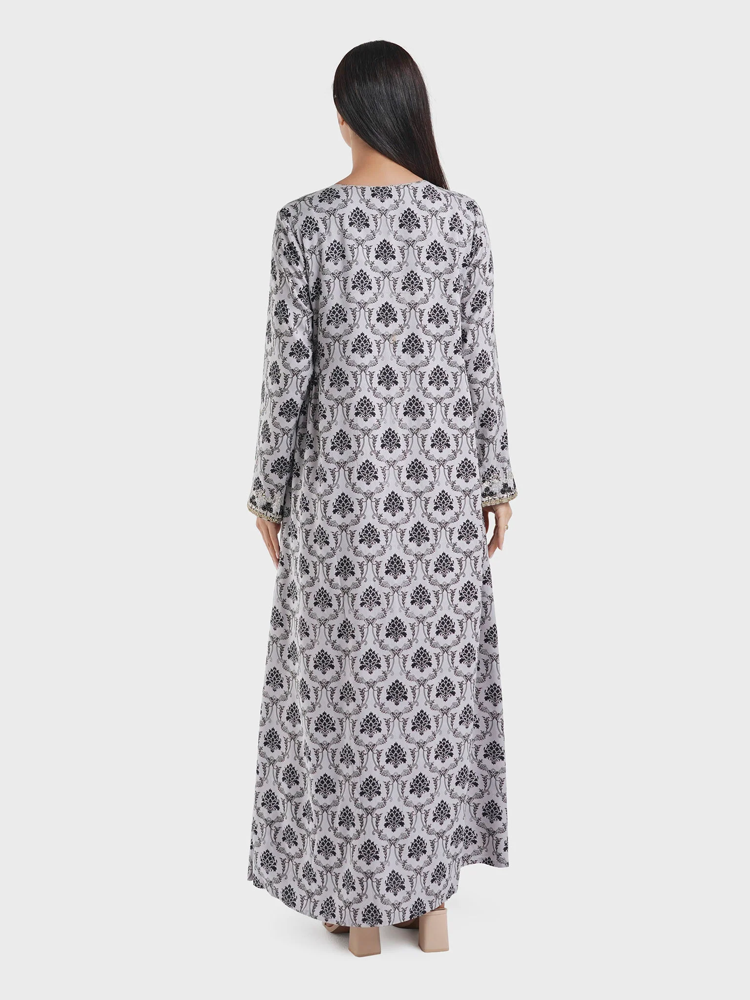 Grey Motif Print Dress with Stone Work (VG2408) - Image 4