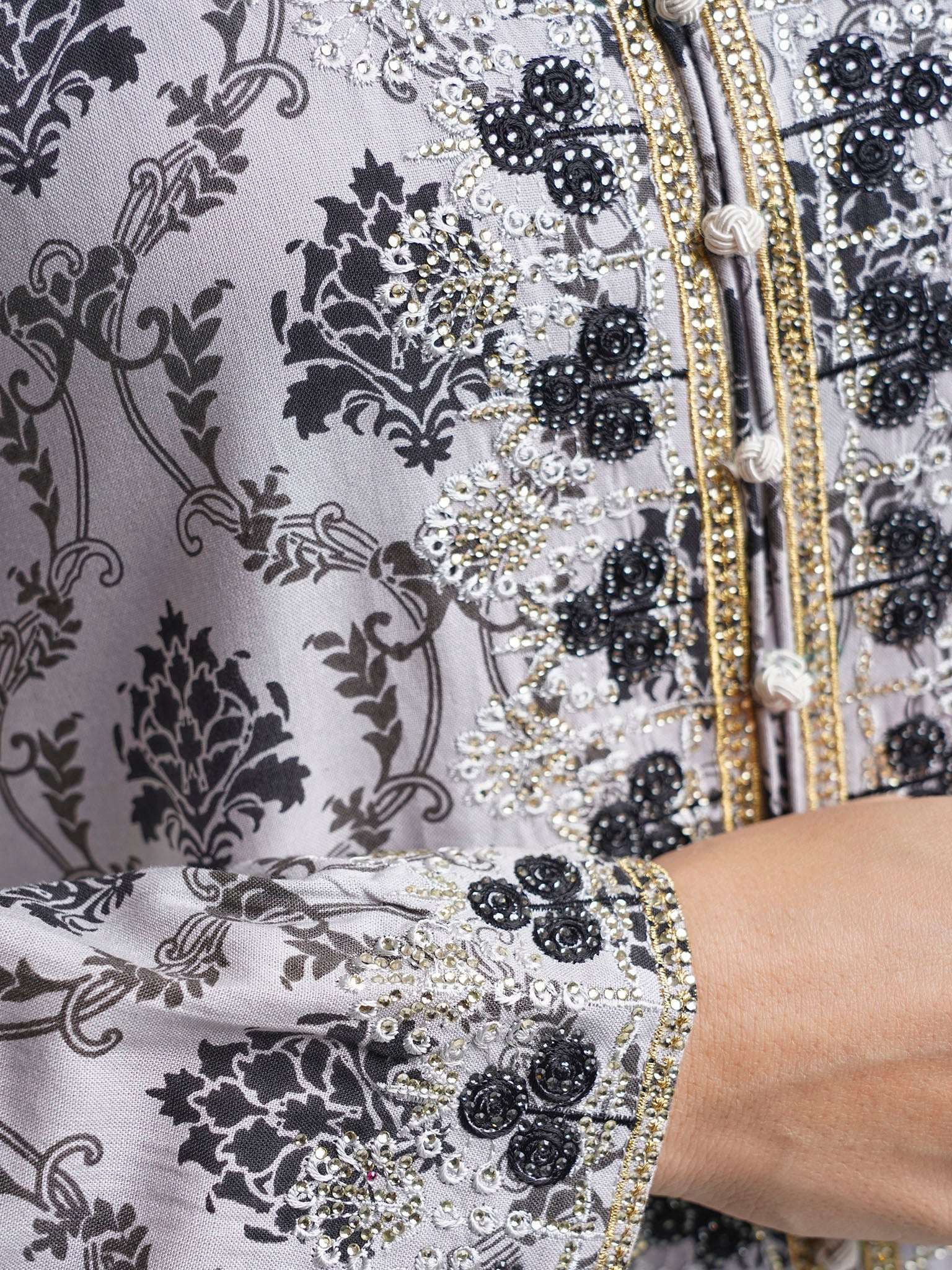 Grey Motif Print Dress with Stone Work (VG2408) - Image 5