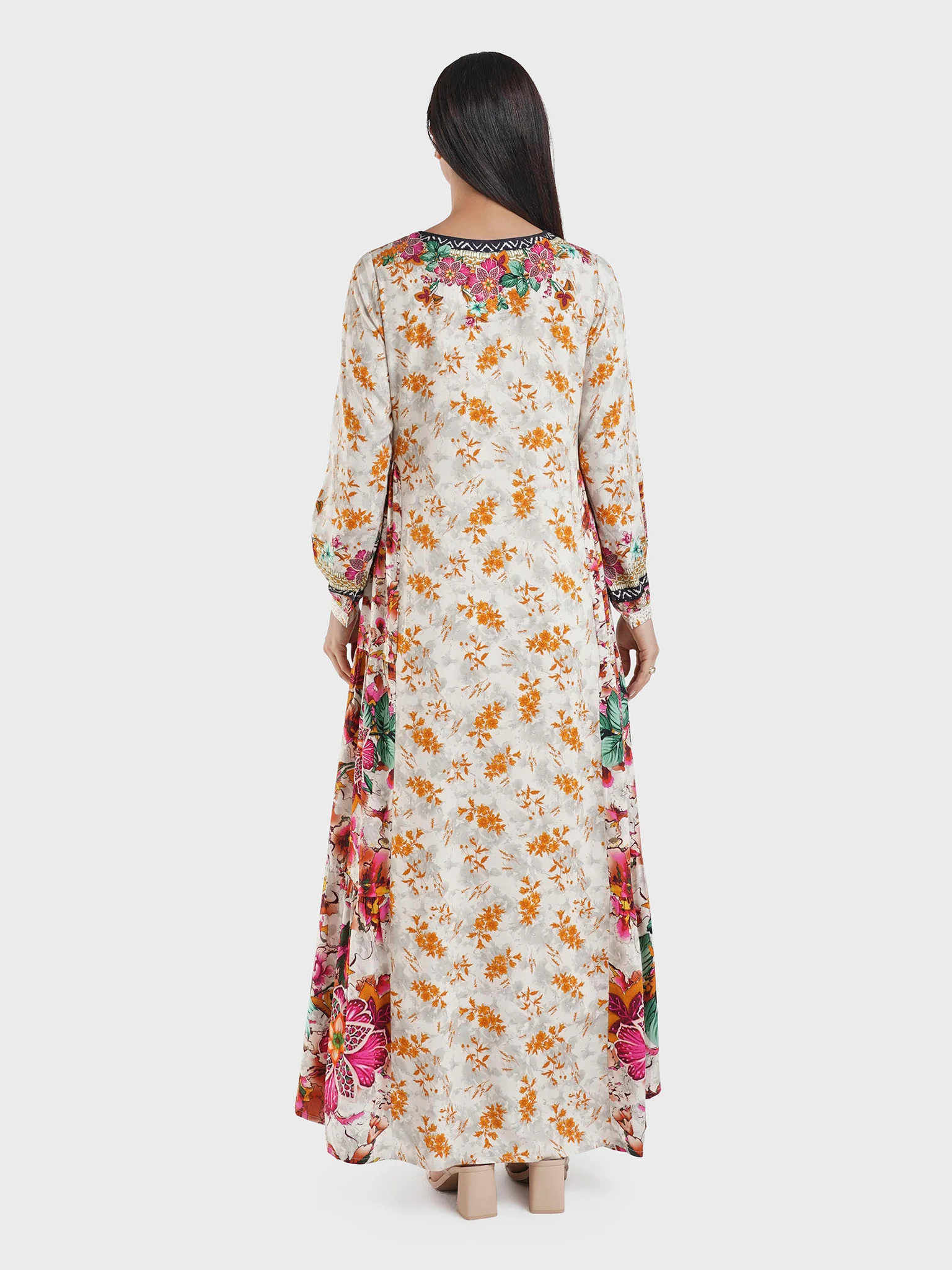 Viscose Beige Floral Tiered Jalabiya (VDU858) - Image 4