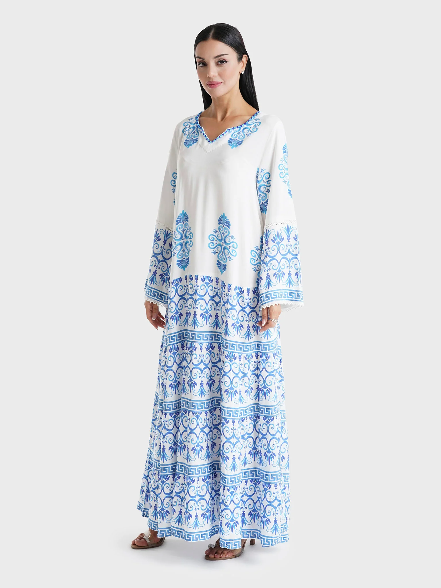 Denim Blue Nomadic Printed Rayon Hand Work Home Wear Jalabiya (VW106) - Image 3