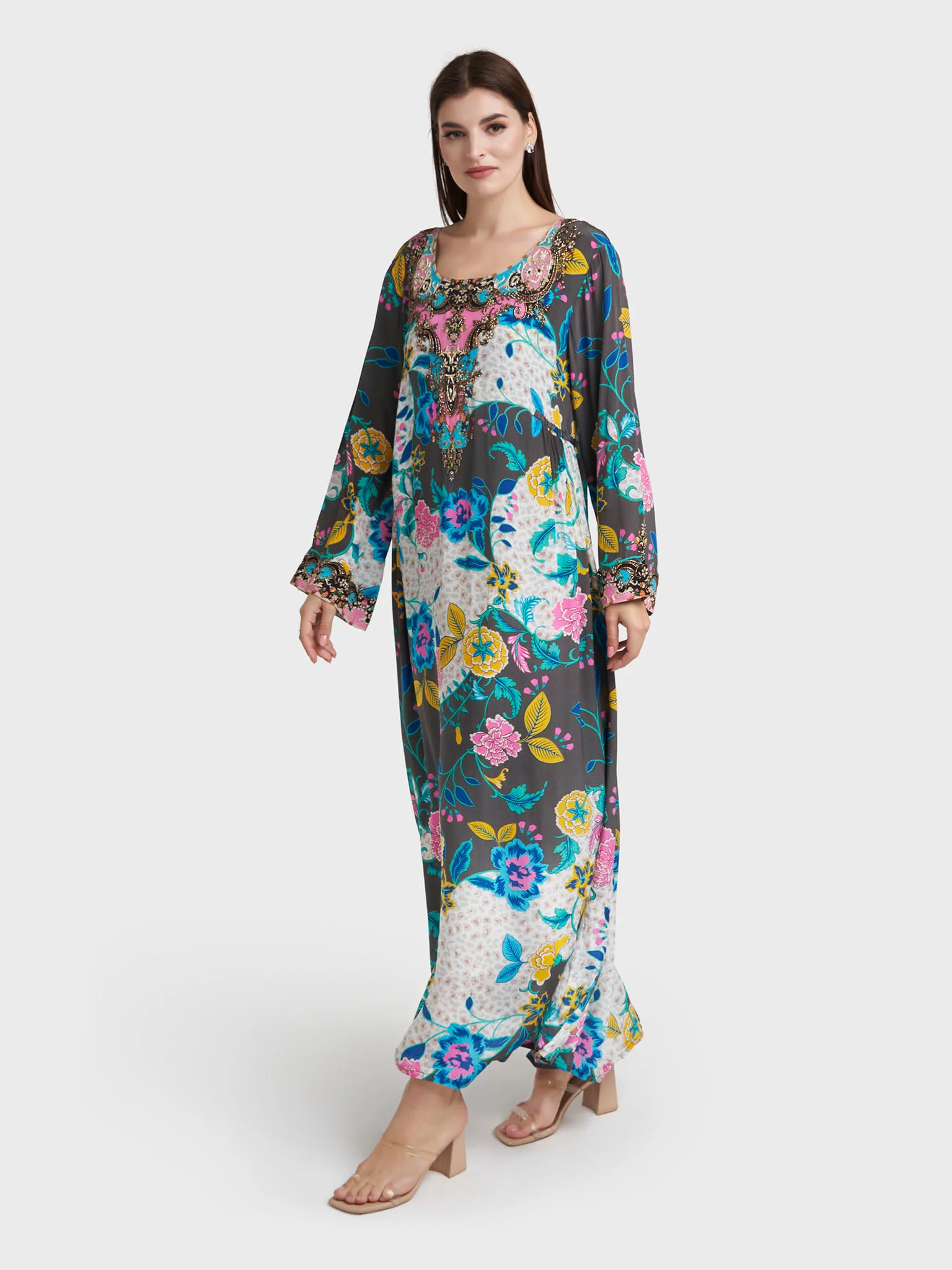 Charcoal Viscose Crepe Print Handwork Jalabiya (VDU848) - Image 3