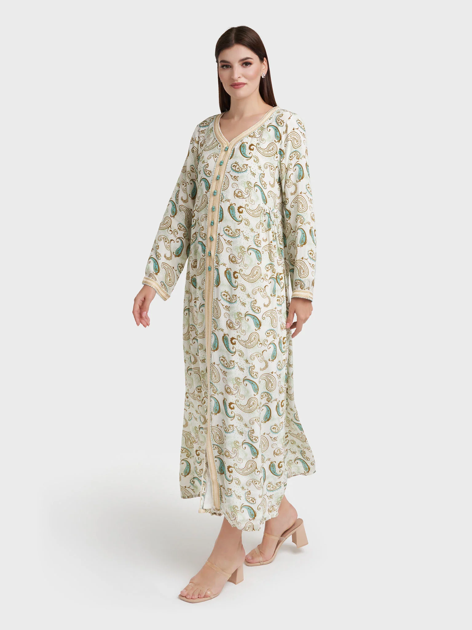 Teal Viscose Crepe Paisley Print Kuwaiti Cut Jalabiya (VG2359) - Image 3