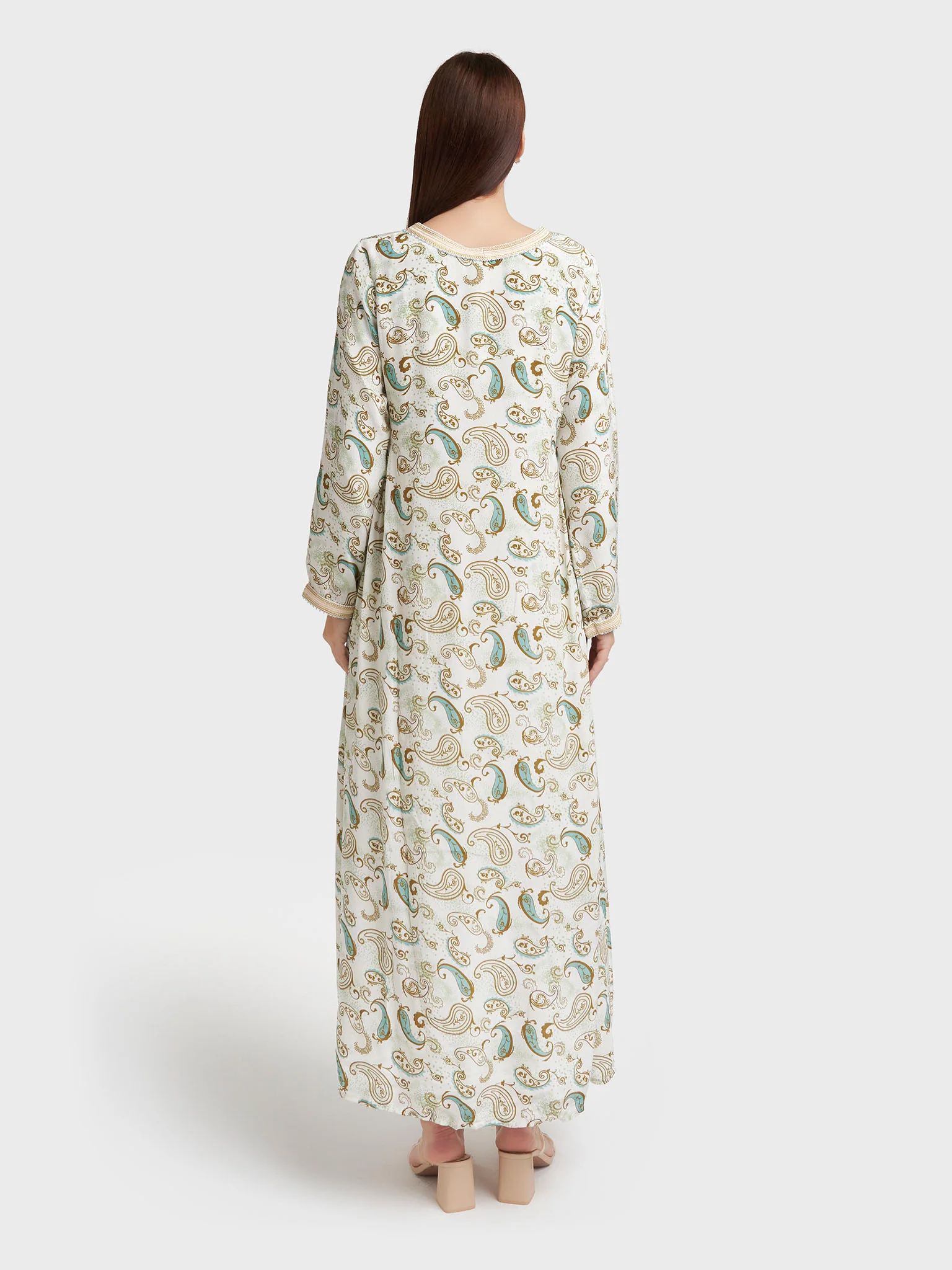 Teal Viscose Crepe Paisley Print Kuwaiti Cut Jalabiya (VG2359) - Image 4