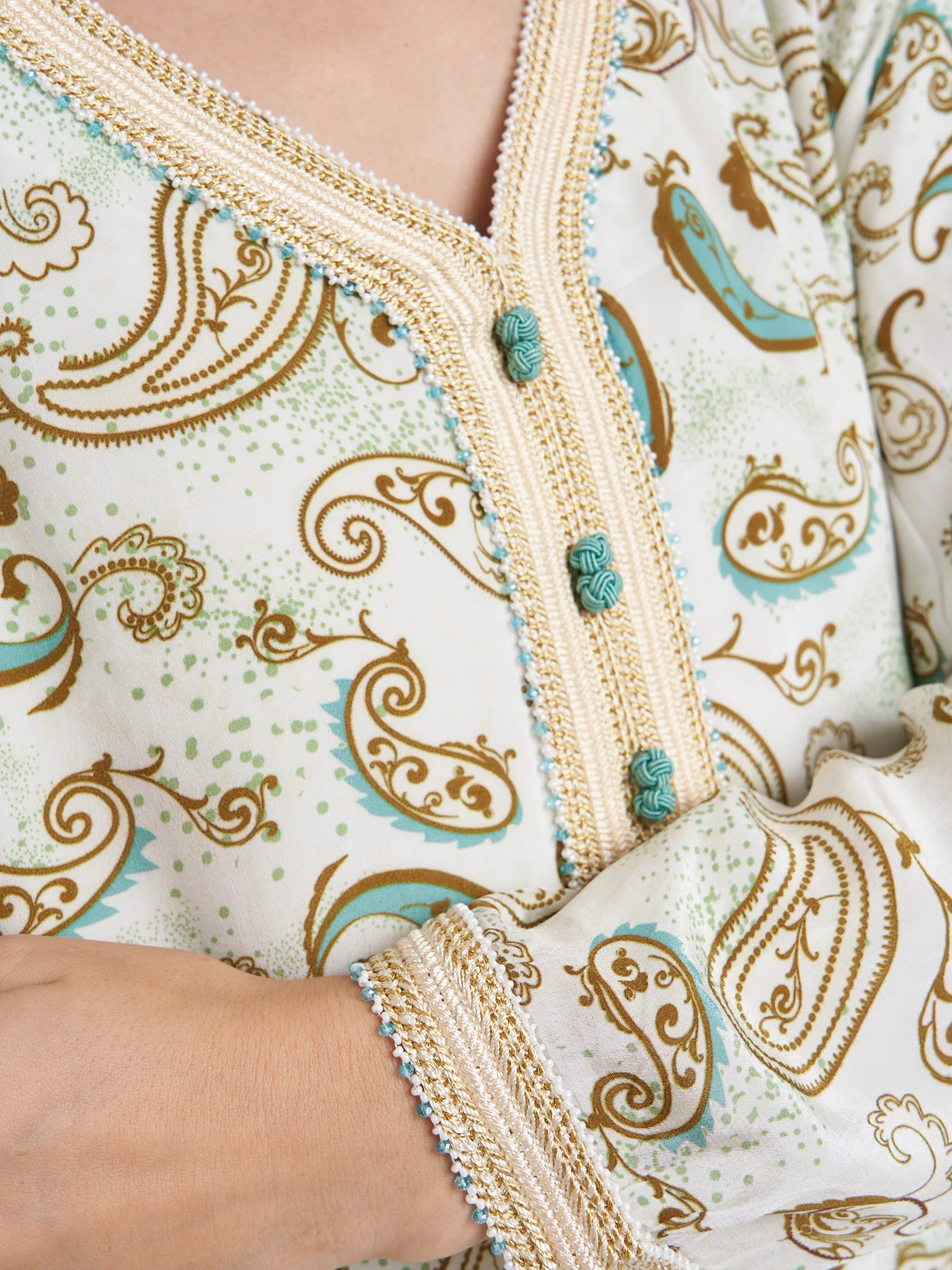 Teal Viscose Crepe Paisley Print Kuwaiti Cut Jalabiya (VG2359) - Image 5