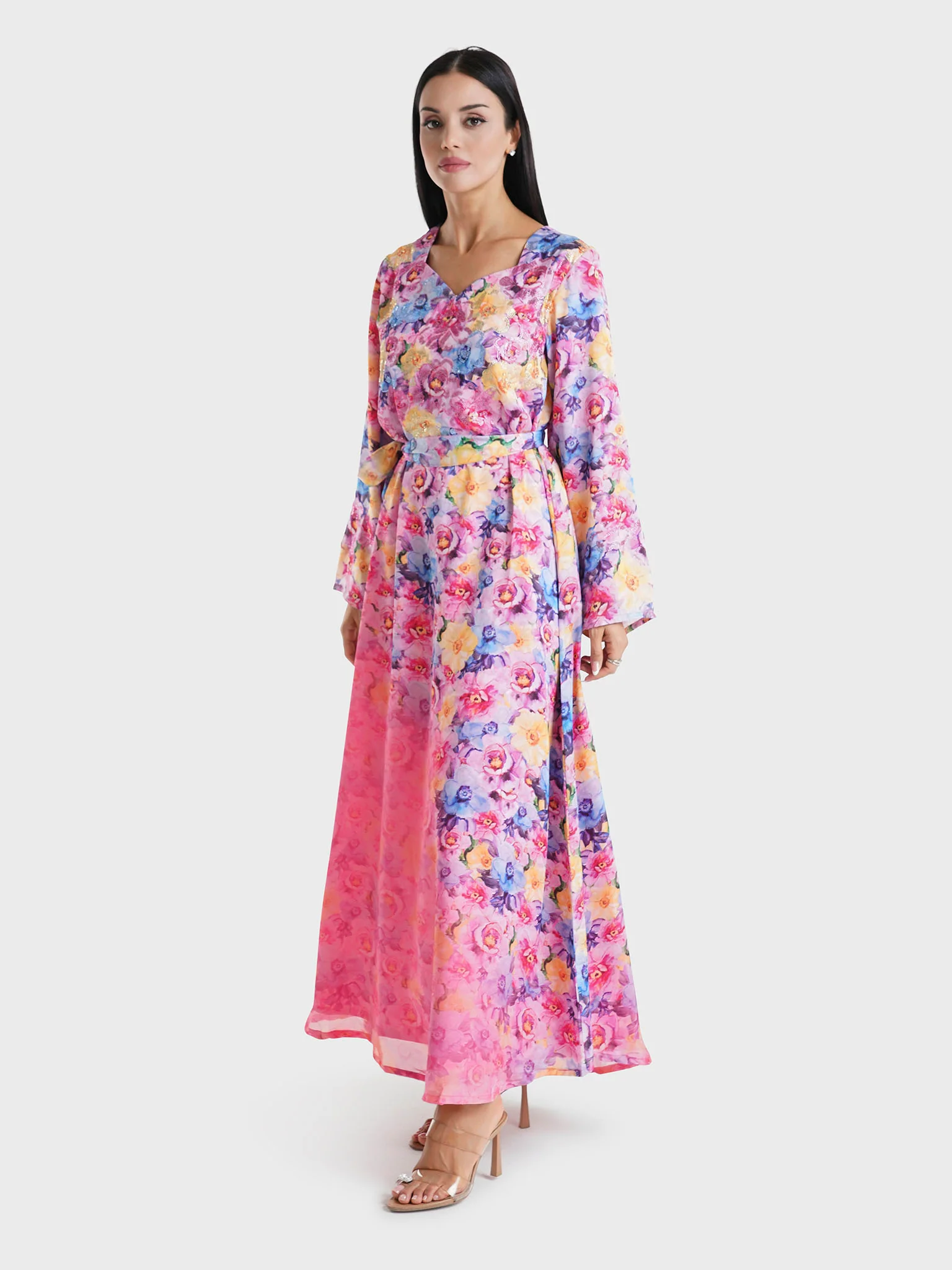 Pink Floral Printed Faux Georgette Stone Work Maxi Dress (VDE369) - Image 3