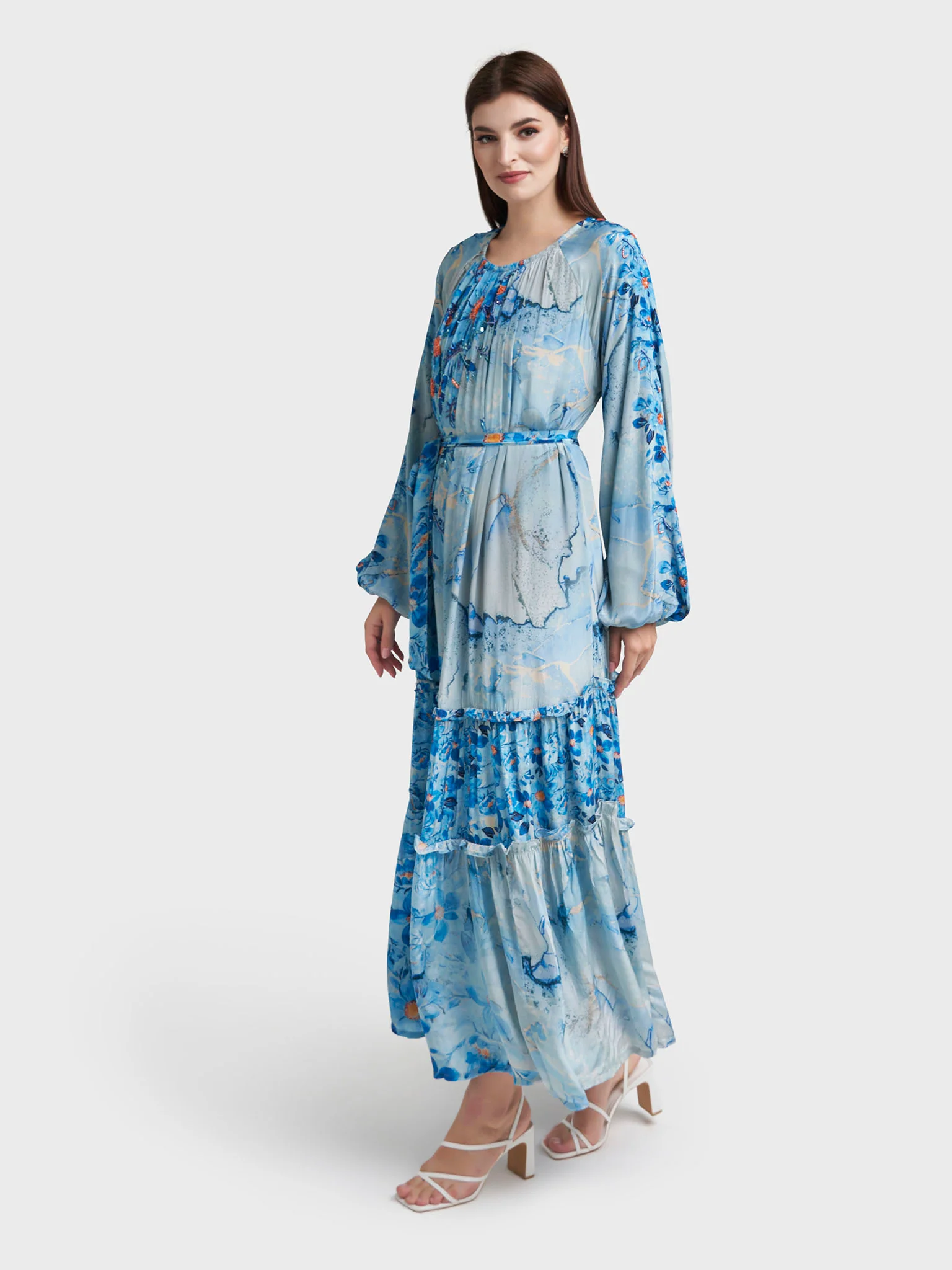 Blue Viscose Crepe Floral Print Dress with Beads Work (VDE372) - Image 3