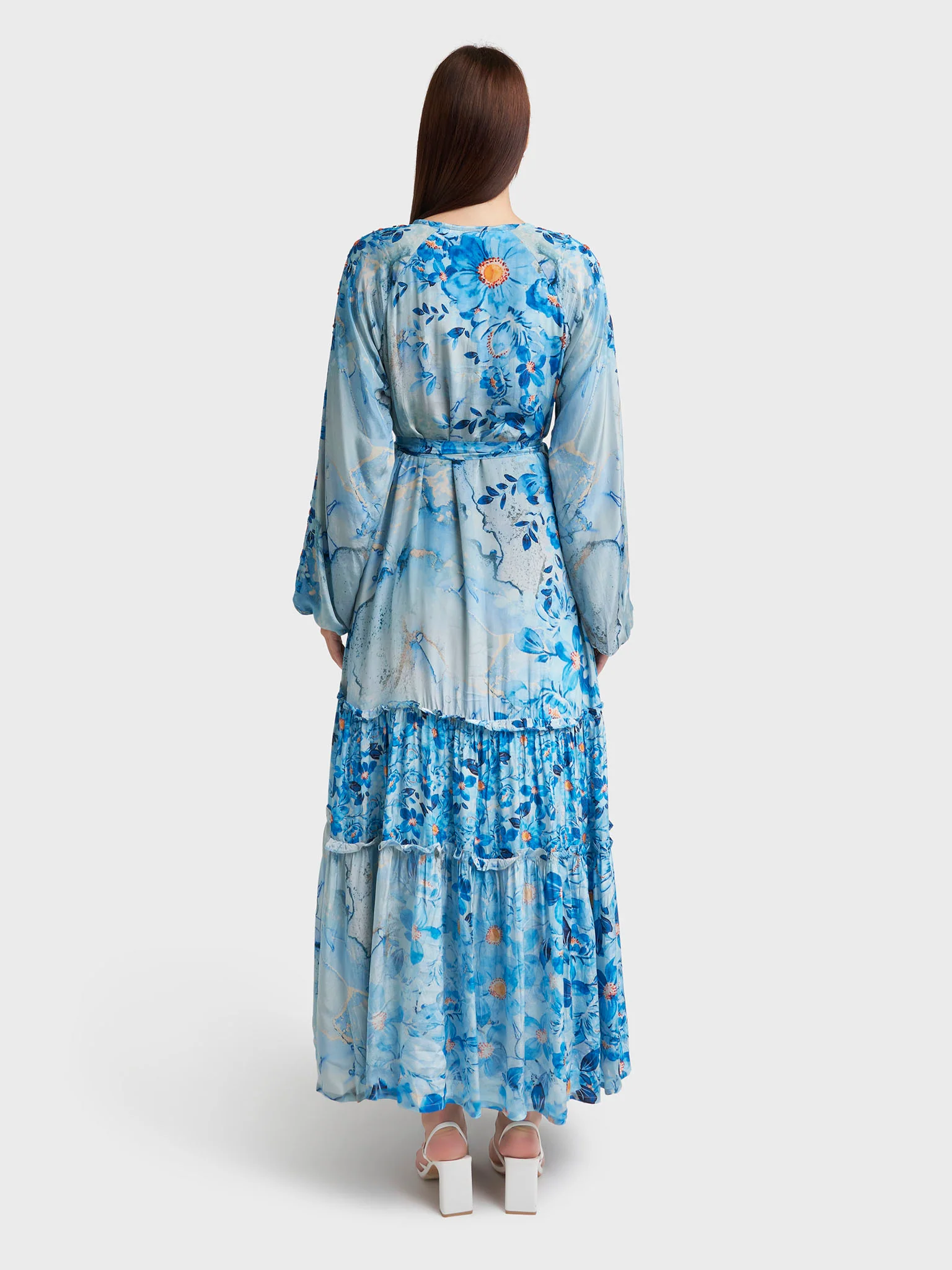 Blue Viscose Crepe Floral Print Dress with Beads Work (VDE372) - Image 4