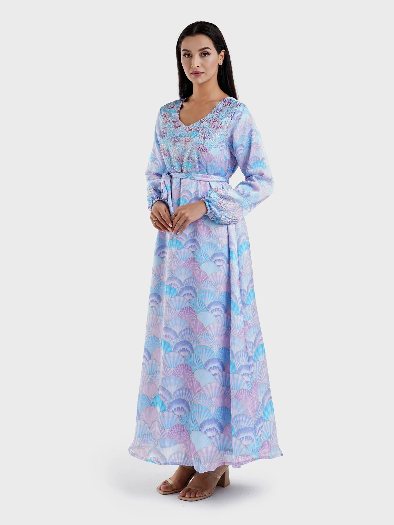 Blue Digital Scallop Shell Print Dress (VW206) - Image 3